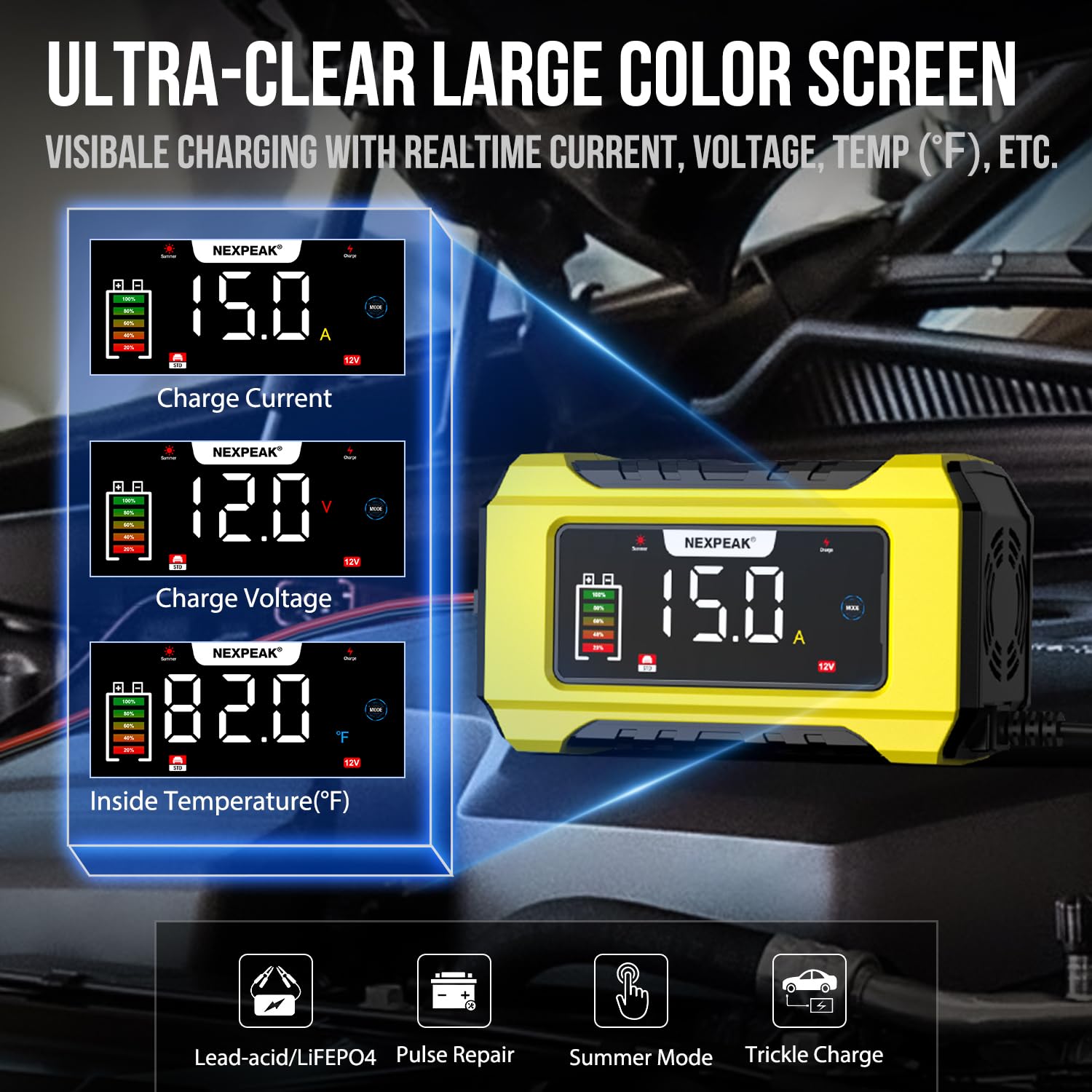 Nexpeak Nc215 15-Amp Battery Charger, Trickle Charger Car Battery Charger 12V 24V Lifepo4 Lead Acid Portable 9-Stage Smart Batte