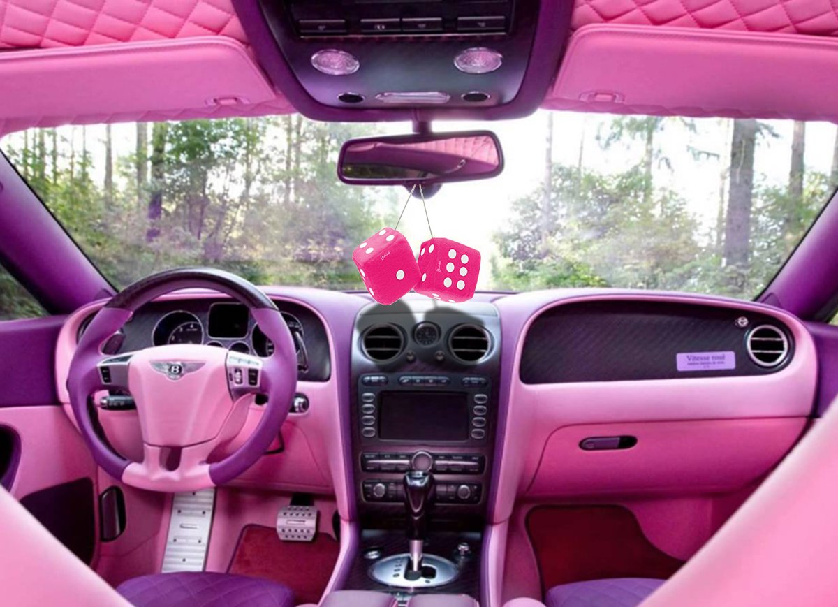 Zento Deals Pair of 3 inch Square Hot Pink Hanging Fuzzy Plush Dice with White Dots for Car Interior Cute Ornament Decoration Re