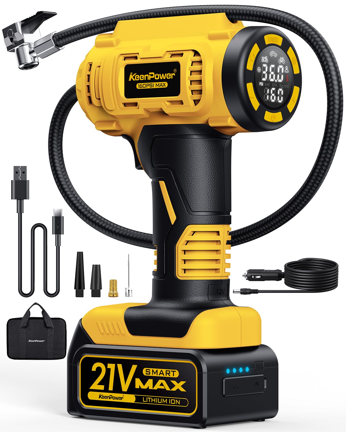 KeenPower Cordless Tire Inflator Portable Air Compressor, 160PSI Car Tire Air Pump, 21V Rechargeable Battery Powered Air Compres