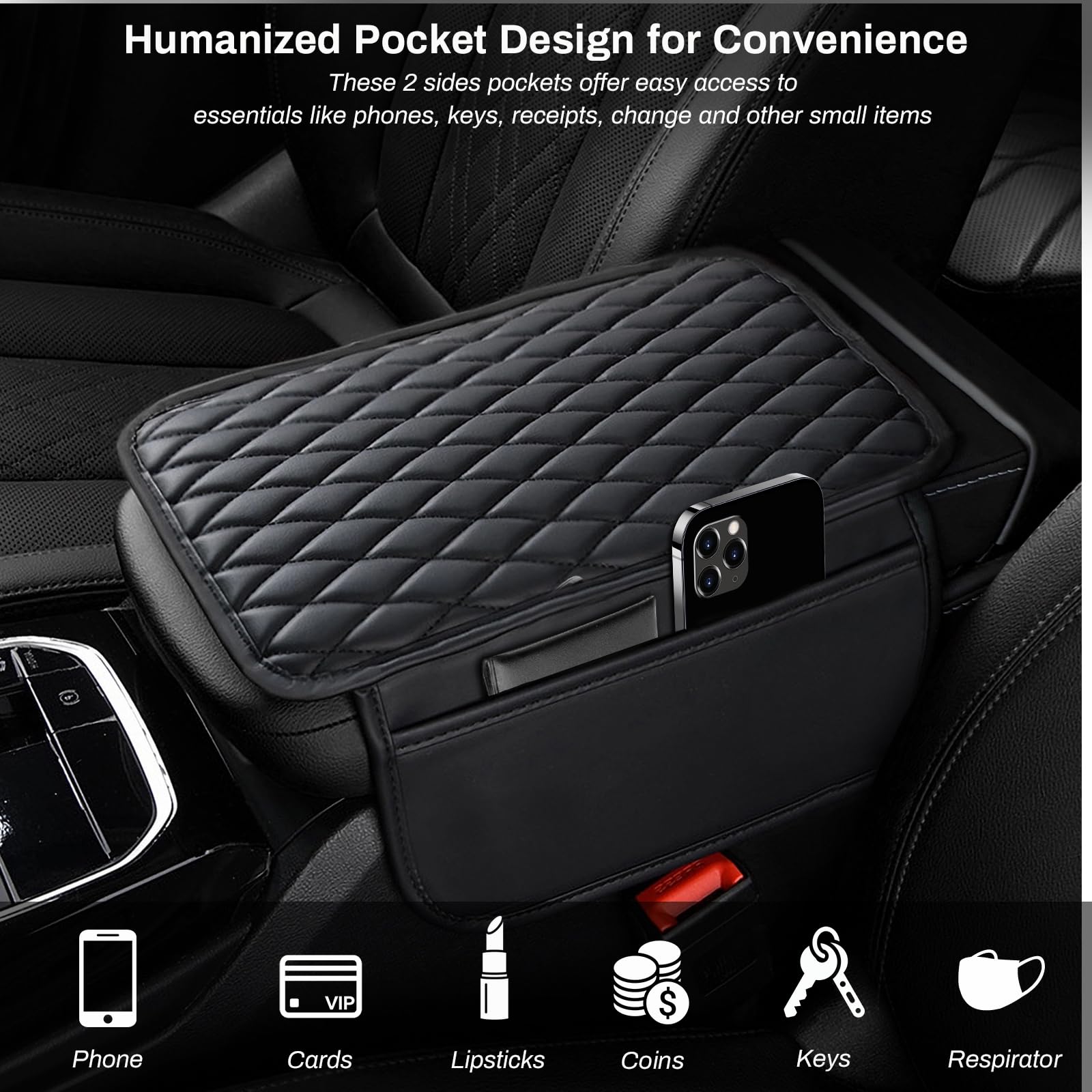 Ouzorp Car Center Console Cover, Upgraded Microfiber Leather Car Arm Rest Cover With 2 Storage Bags, Universal Armrest Cover For