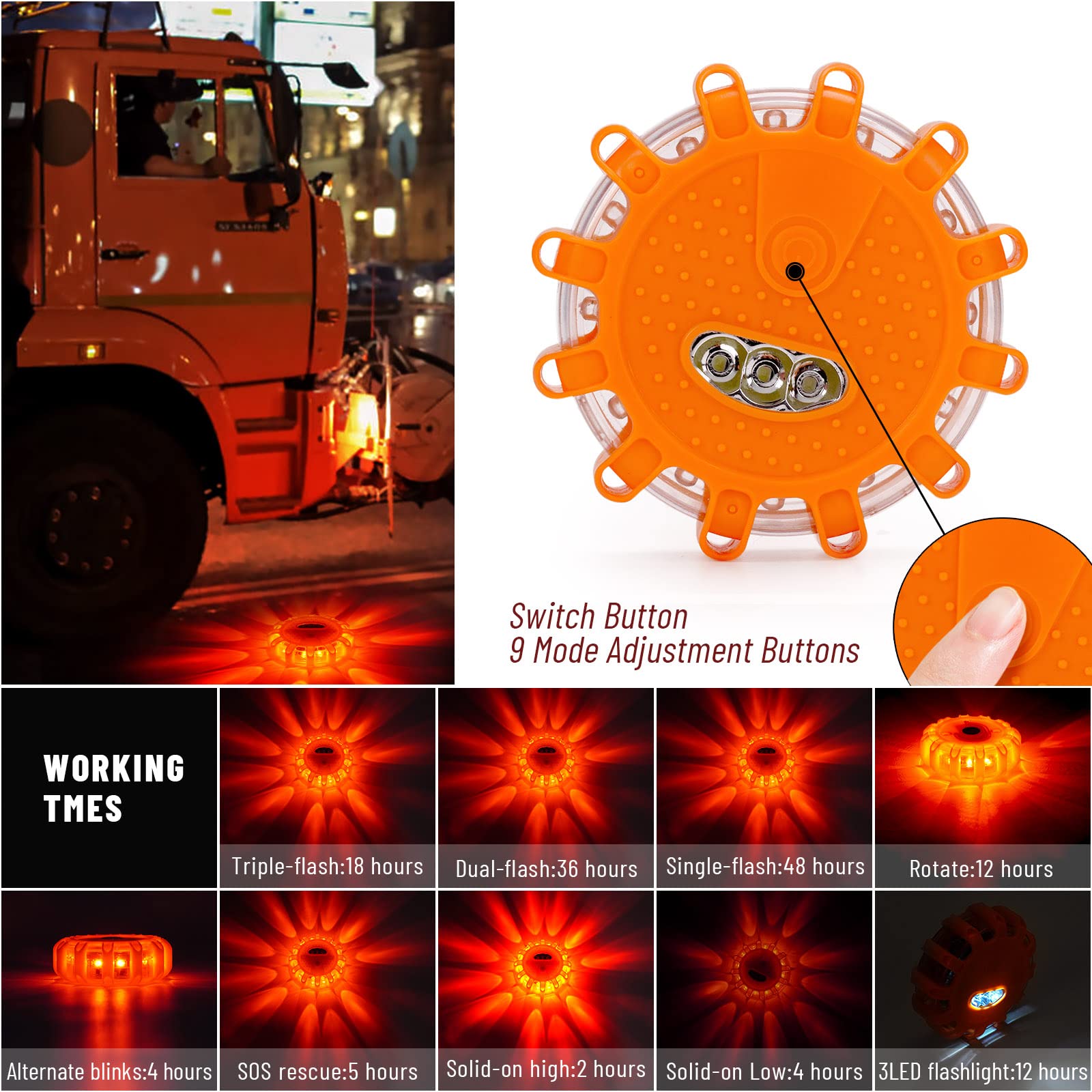 HEIGPAN Rechargeable LED Road Flares Kit - Emergency Lights, 9 Modes, Magnetic Base, 6 Pack, USB-6pack