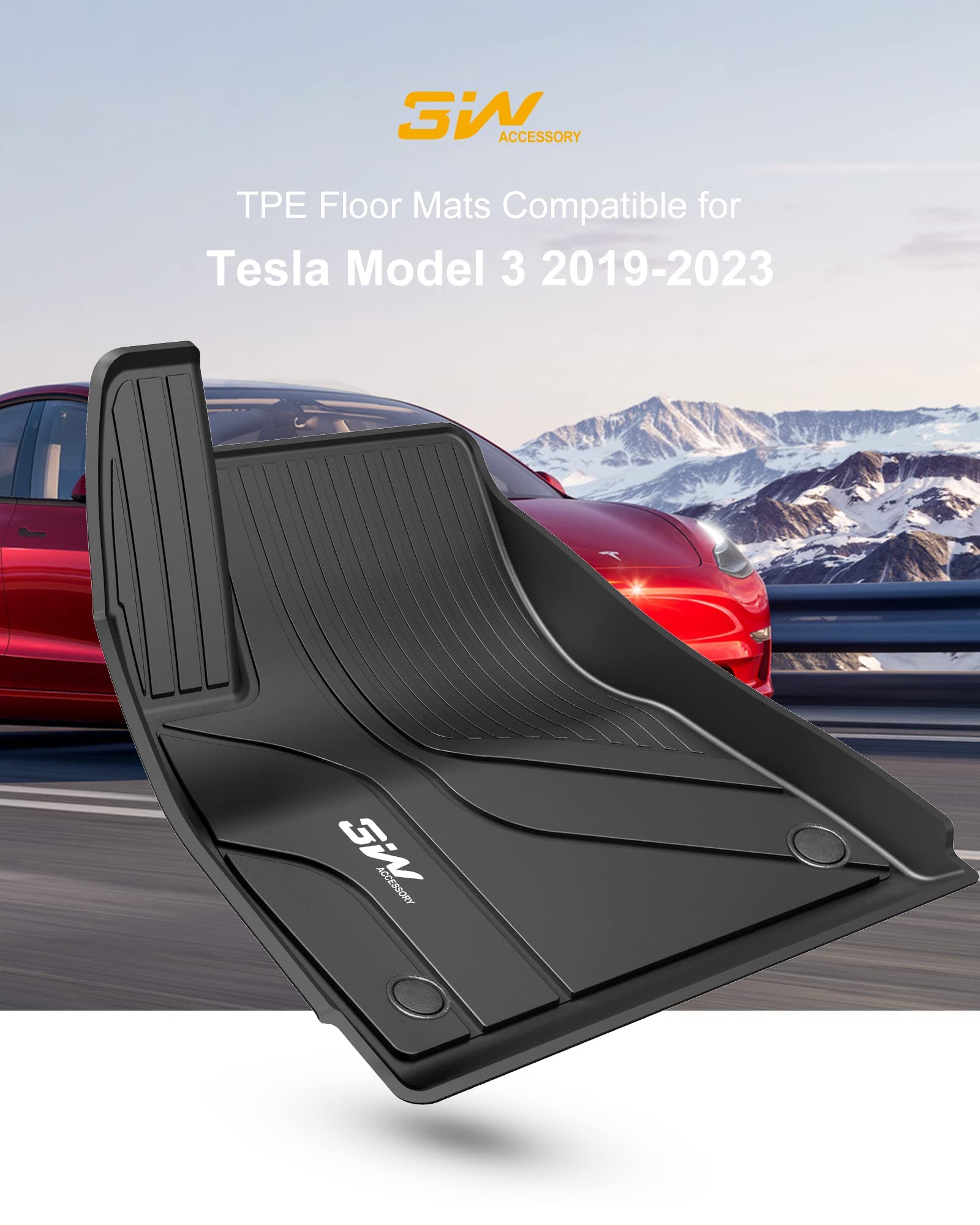 3W All-Weather TPE Floor Liner - Full Set Black Floor Mats and Cargo Liner Mat Custom Fit for Tesla Model 3 2021-2023