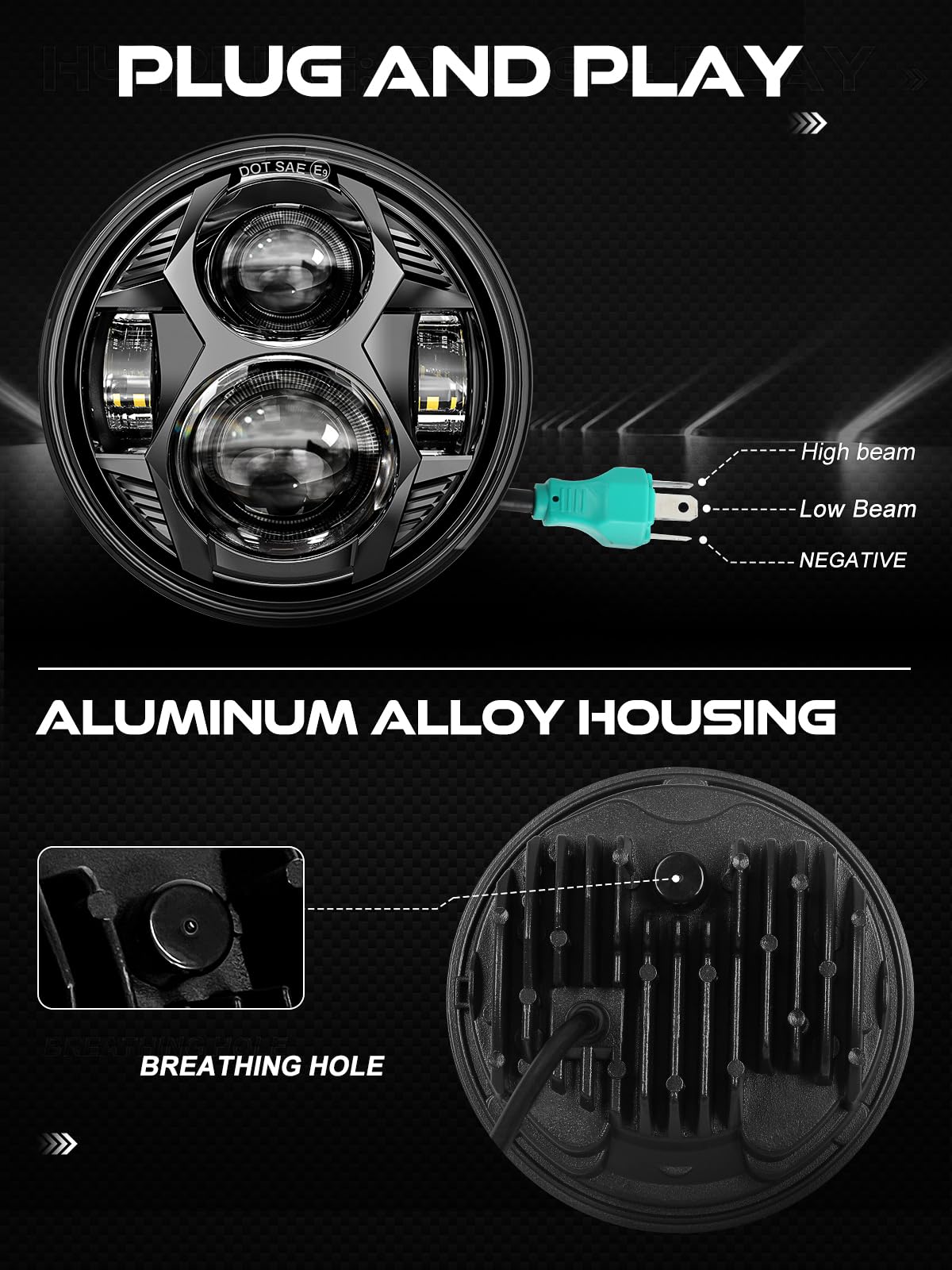 AUDEXEN 5.75" Round LED Headlight, 51W, Die-Cast Aluminum, Black, Model HZZ575, Compatible with Harley Dyna/Sportster/Softail