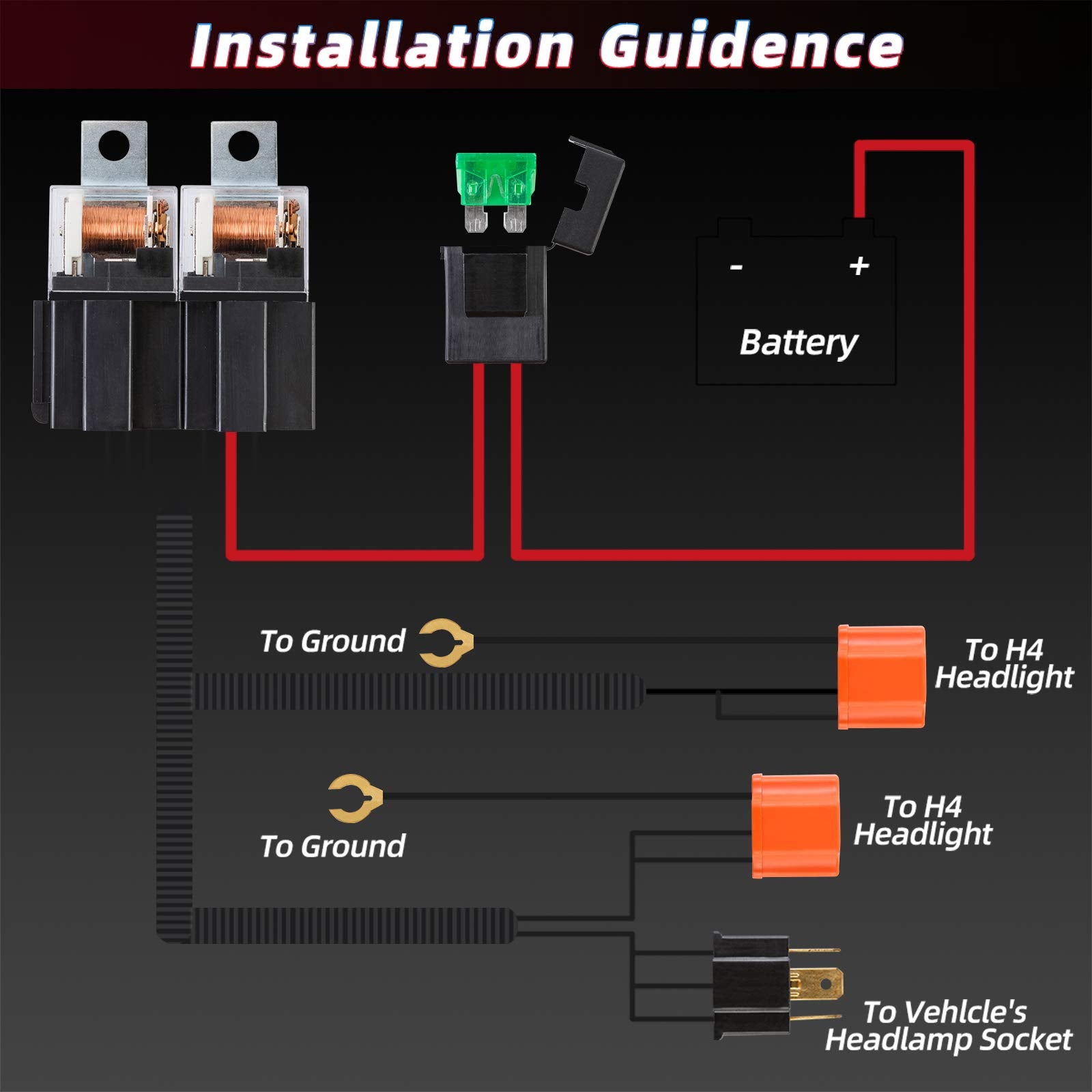 Renmaii-Light 1Set 2-Headlight H4 Relay Harness, H4 Headlight Relay Harness H4 Wiring Harness H6054 7X6 6054 Headlight Relay Kit For 95-97 Tacoma 88-95 Pickup 4 Runner Fix Dual Ground Problem