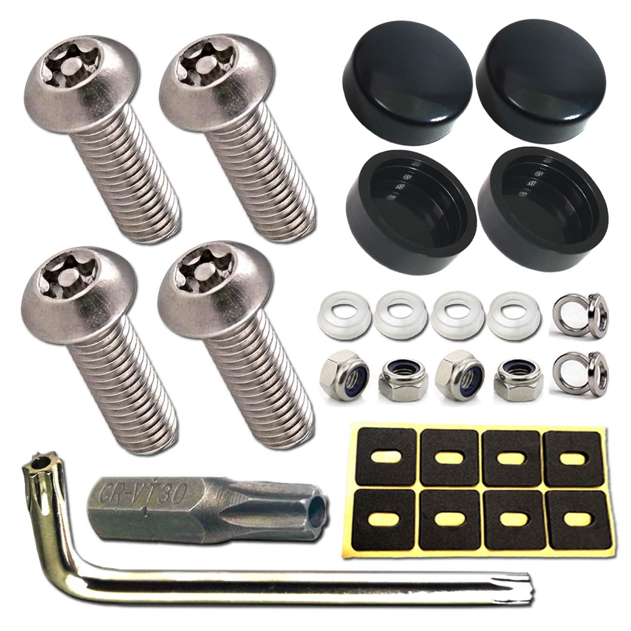 Aootf Anti Theft License Plate Screws- Rust Stainless Steel Plate Screw Resistant Security Tamper Resistant Machine License Plate Bolt License Plate Frame Fastener, Black Caps, Anti-Rattle Pad