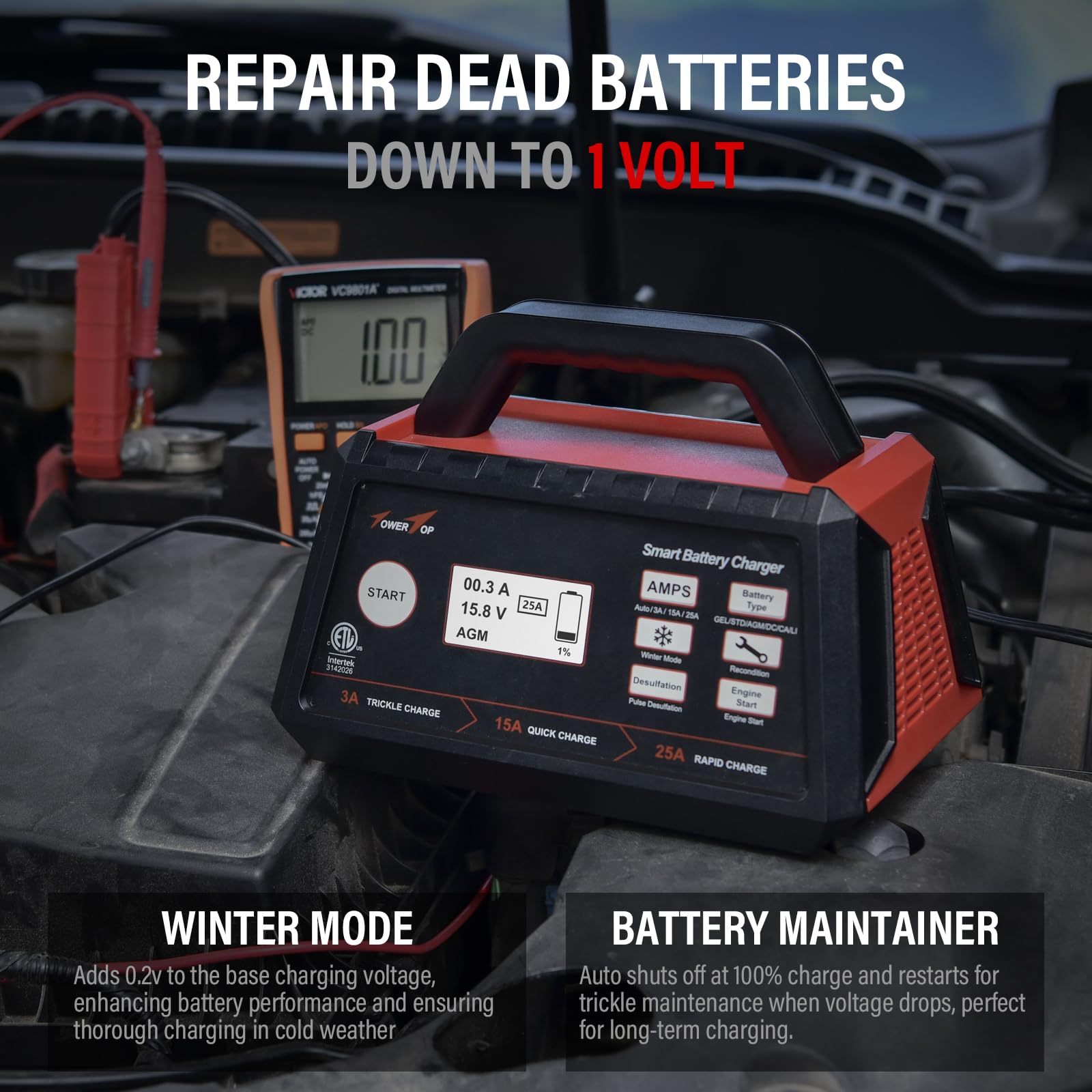 Towertop 3/15/25 Amp Car Battery Charger, 12V Fully Automatic Smart Battery Maintainer With Engine Start, Auto Desulfator, Battery Repair, For All Lead-Acid And Lifepo4 Batteries