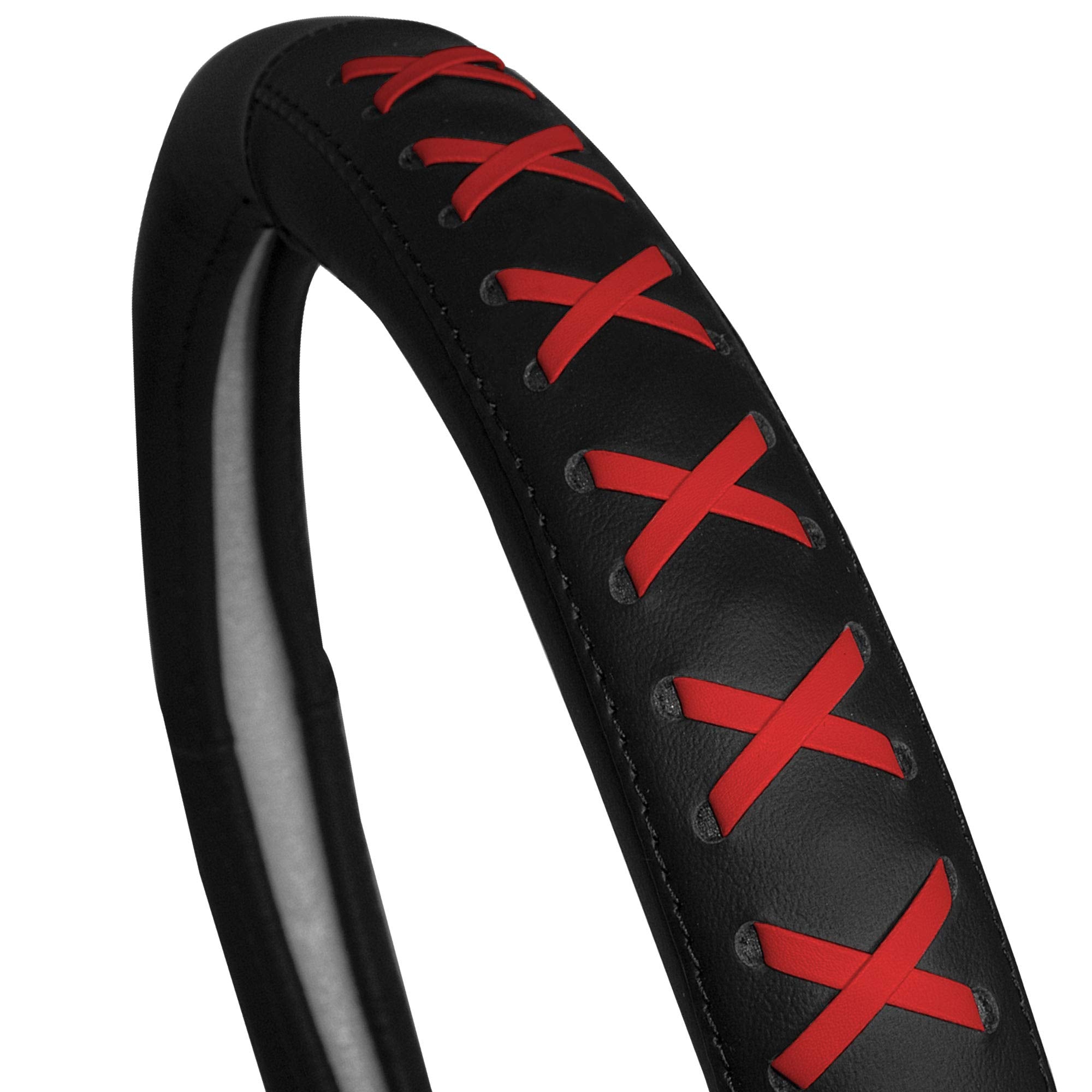Fh Group Universal Fit 15 Inch Genuine Leather With Lace-Up Detailing Steering Wheel Cover Fits Most Cars, Suvs Red