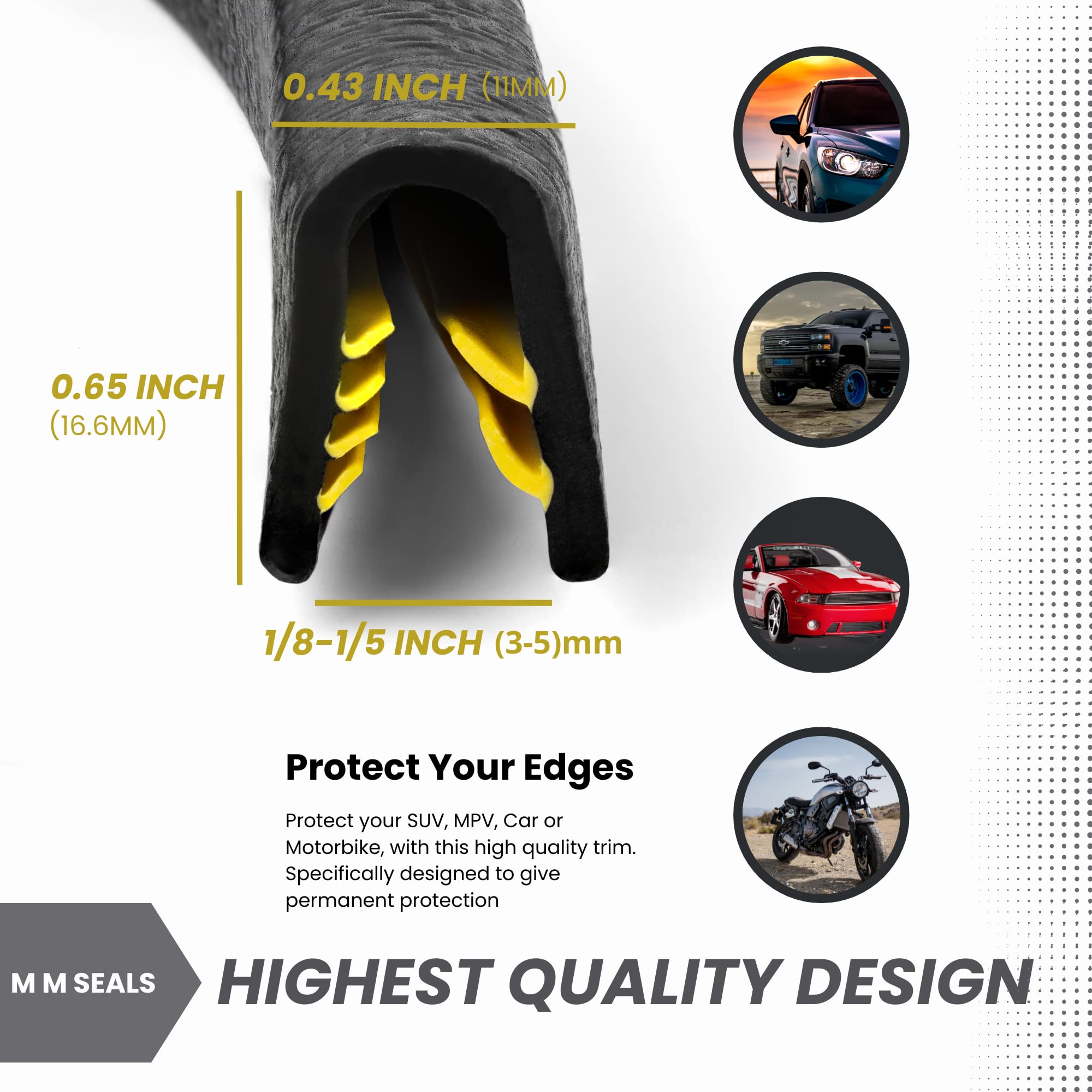 M M Seals - Edge Trim Black Fits 1/5 Inch (4.9Mm), Leg 0.65 Inch (16.6Mm), Length 13 Feet (4Meter) - No Glue Decorative Anti-Scr