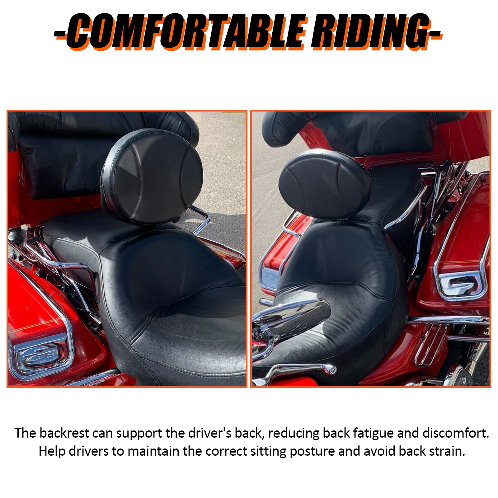 ECOTRIC Adjustable Driver Backrest Kit for Harley Touring 1988-2023, Removable Back Pocket, Medium, Black, Metal