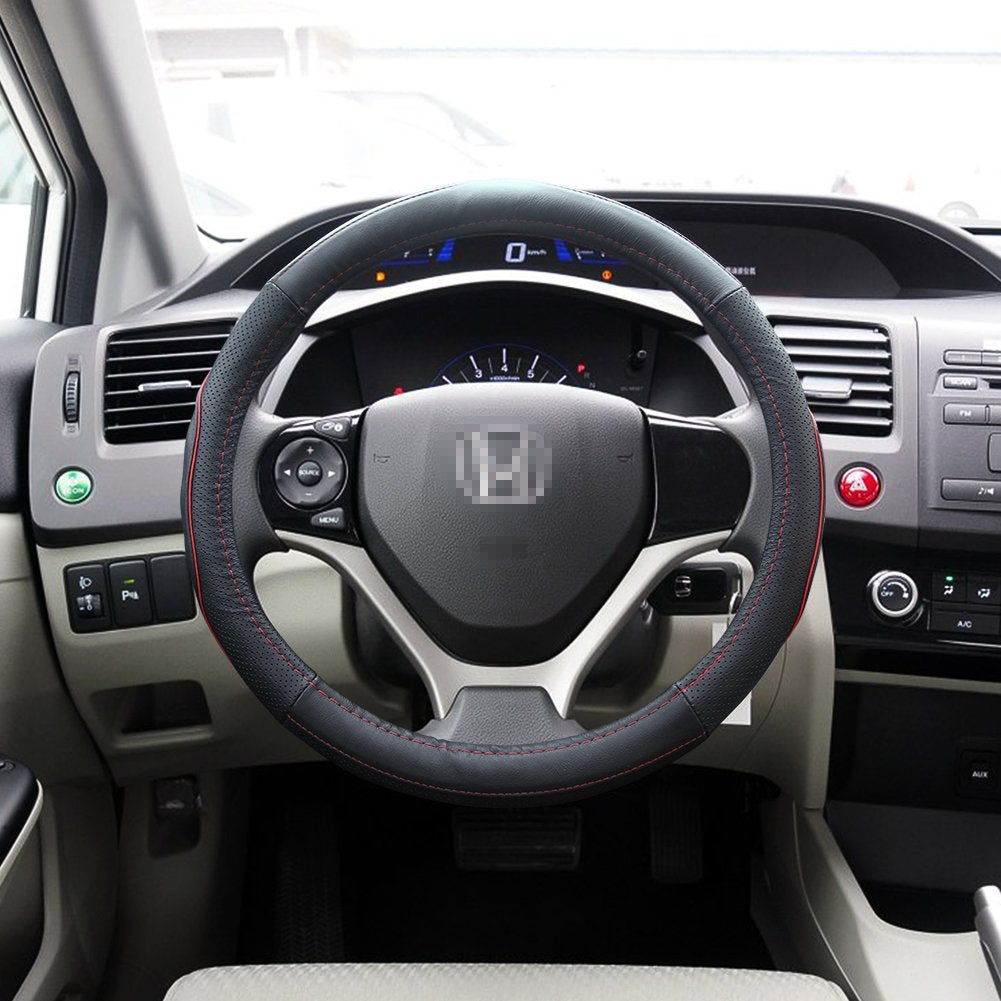 QianBao Genuine Soft Black Leather Steering Wheel Cover, 14 Universal Fit, Small 13.5-14.2, Odorless, Anti-Slip, Red Line