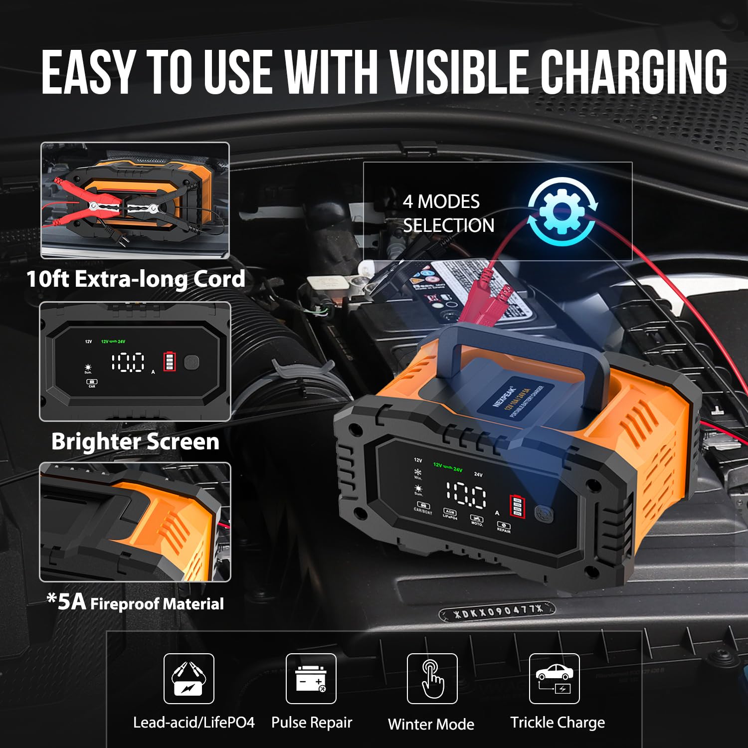 NEXPEAK NC202 10-Amp Battery Charger, 12V 24V Smart Maintainer with Temp Compensation for Car, Truck, Motorcycle, Lawn Mower