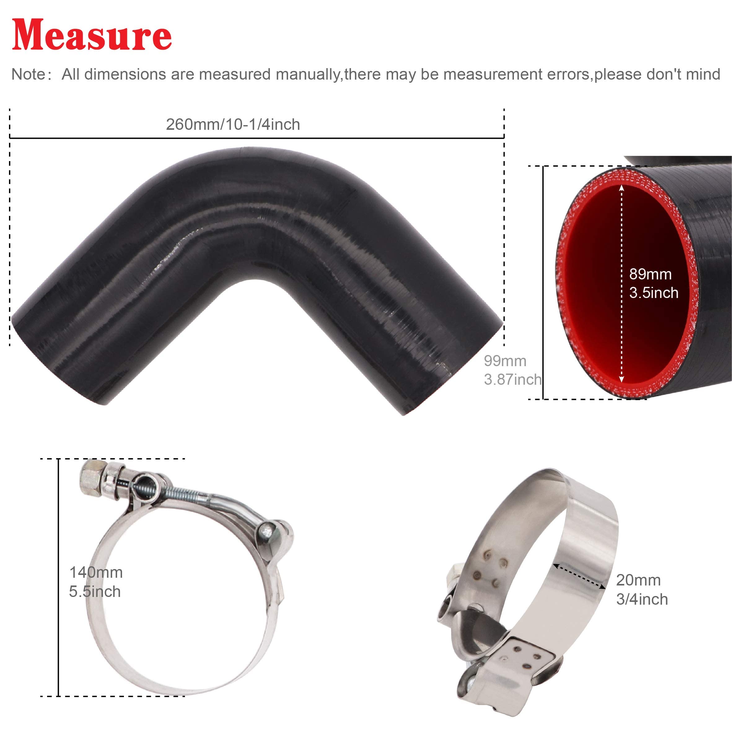 90 Degree Elbow Coupler Silicone Hose 4-Ply 3.5-Inch(89Mm) For Turbo/Intercooler/Intake Piping,Length 102Mm Thickness 5Mm With T