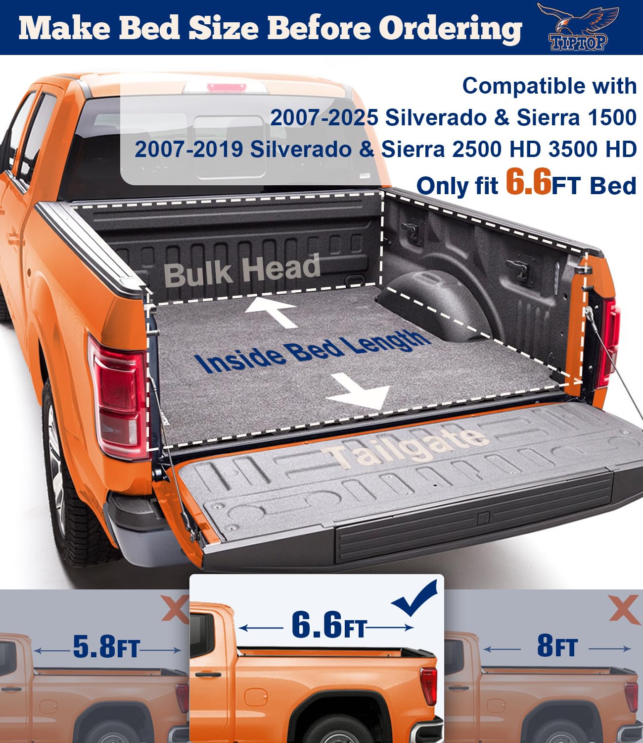 TIPTOP Soft Roll-Up Tonneau Cover Truck Bed for 2007-2025 Silverado/Sierra 1500 & 2007-2019 2500 3500 HD 6.6ft Bed (78.9'') | TP