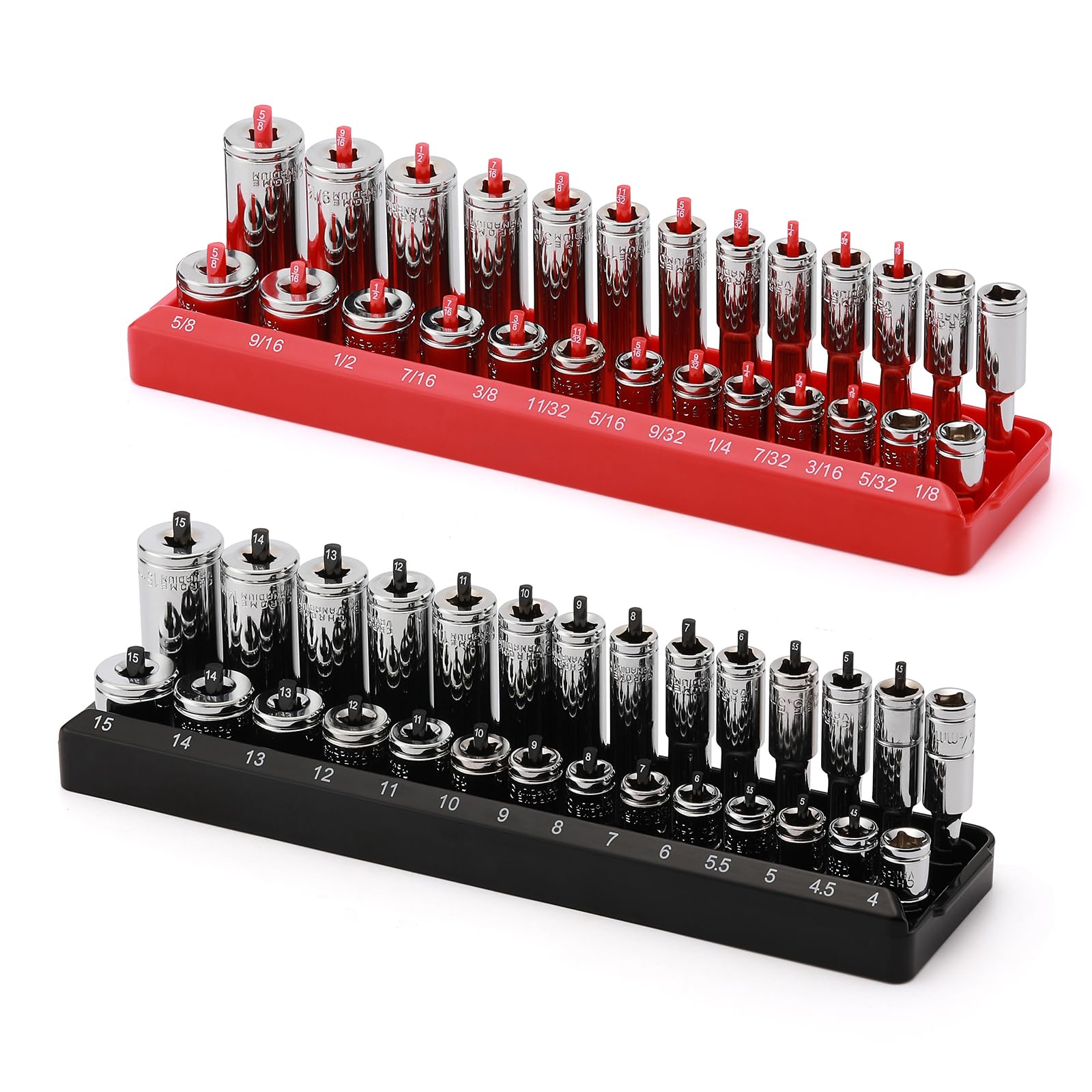 AIRTOON 1/4-Inch Drive Socket Organizer Trays, 2-Piece SAE and Metric Socket Tray Set, Deep and Standard Socket Holders Organize