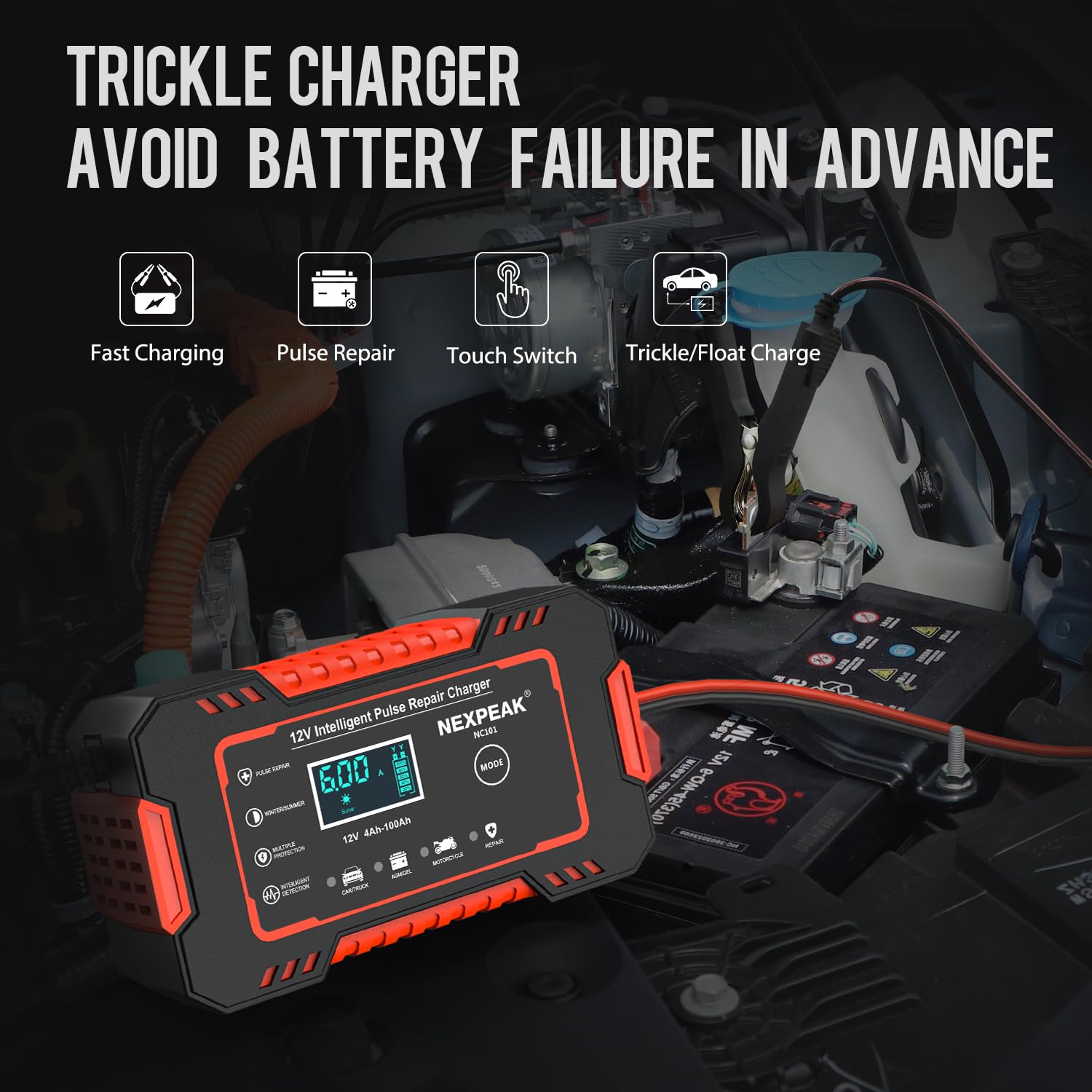 NEXPEAK NC101 Smart 12V 6A Car Battery Charger & Maintainer with Temp Compensation for Automotive & Marine Lead Acid Batteries