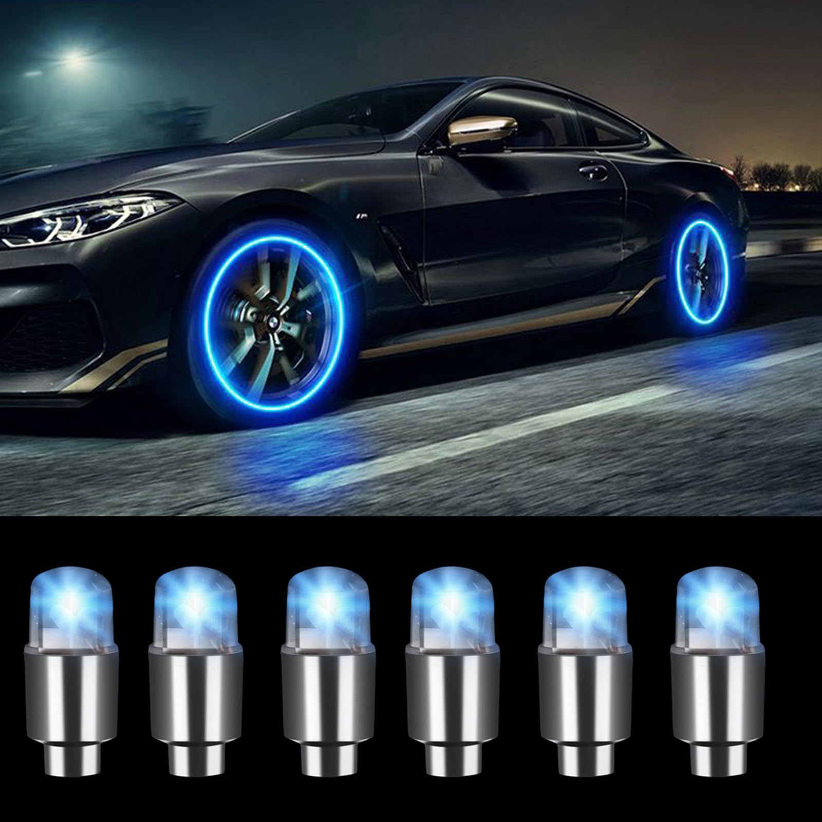 QIZATAH 6 Pcs LED Tire Valve Stem Caps Lights - Intelligent Wheel Lights Glow in Dark, Luminous Car Exterior Accessories, Cool N
