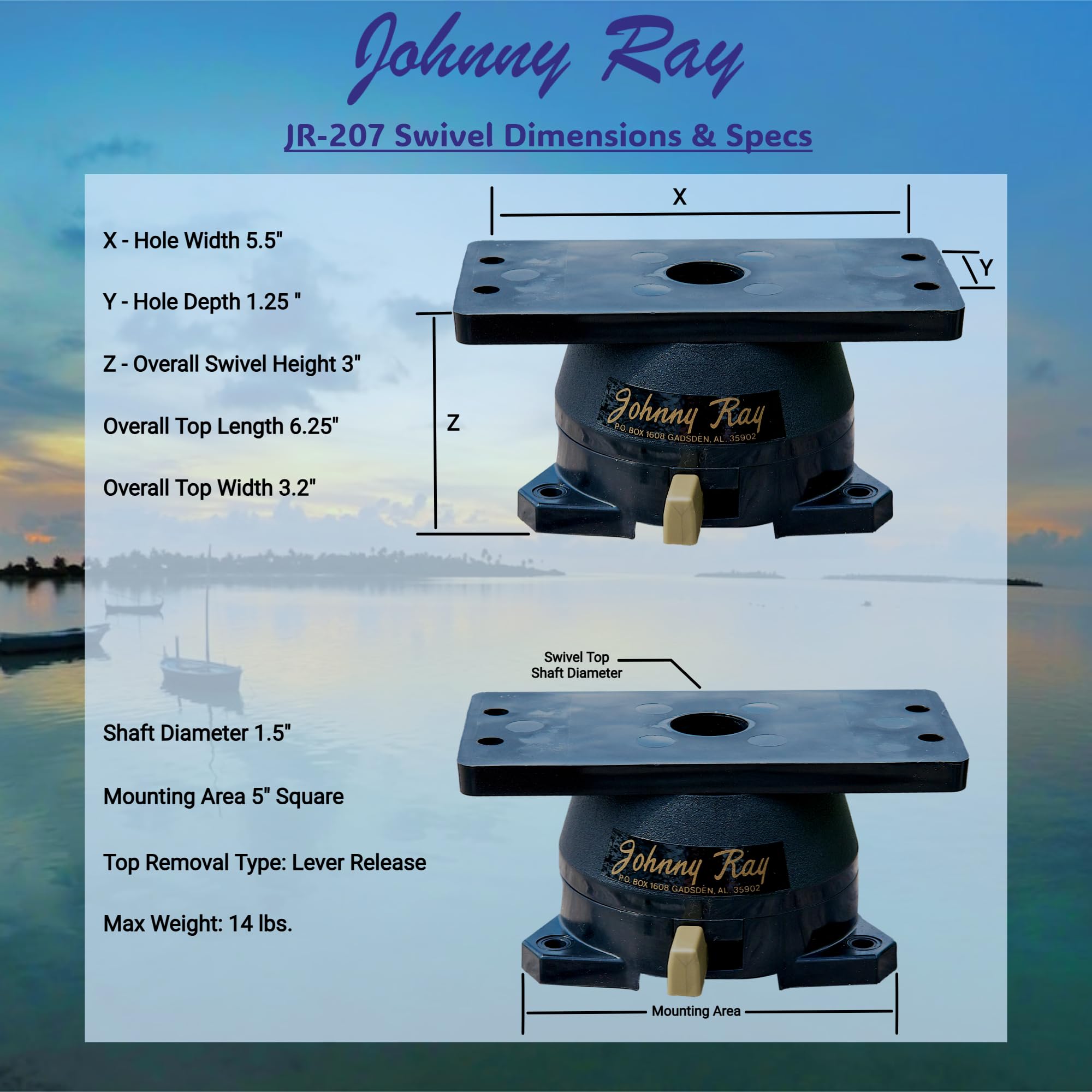 Johnny Ray Jr-207 Marine 1.25 By 5.5-Inches Top Lever Release Portable Sonar Swivel Mount, Black Finish