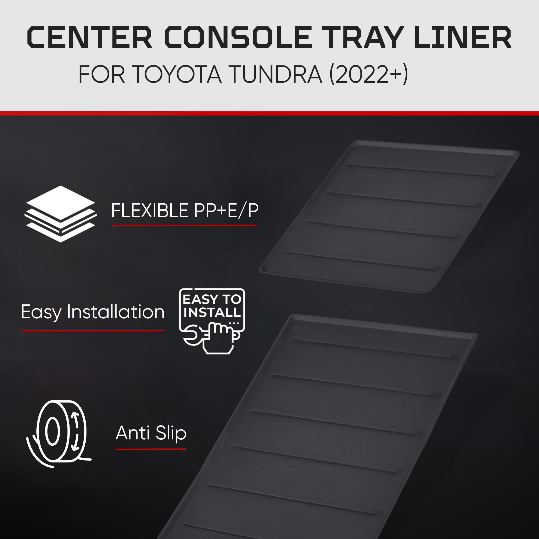 AJT DESIGN Center Console Tray Liner for Toyota Tundra & Sequoia | Non-Slip Organizer Mat | Pack of 2 | Black | Model 00683
