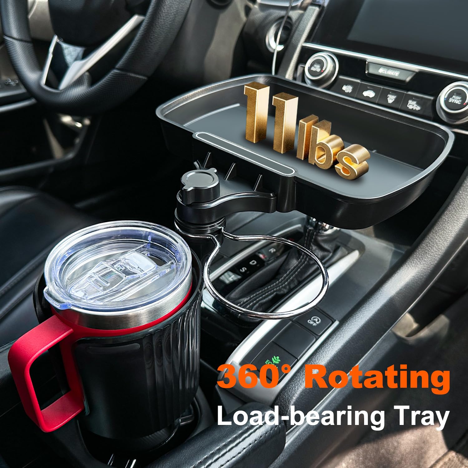 Aucurwen Cup Holder Tray For Car, 360 Rotating Car Tray, Car Food Table Tray For Eating With Solid Base & Phone Slot, Car Cup Ho