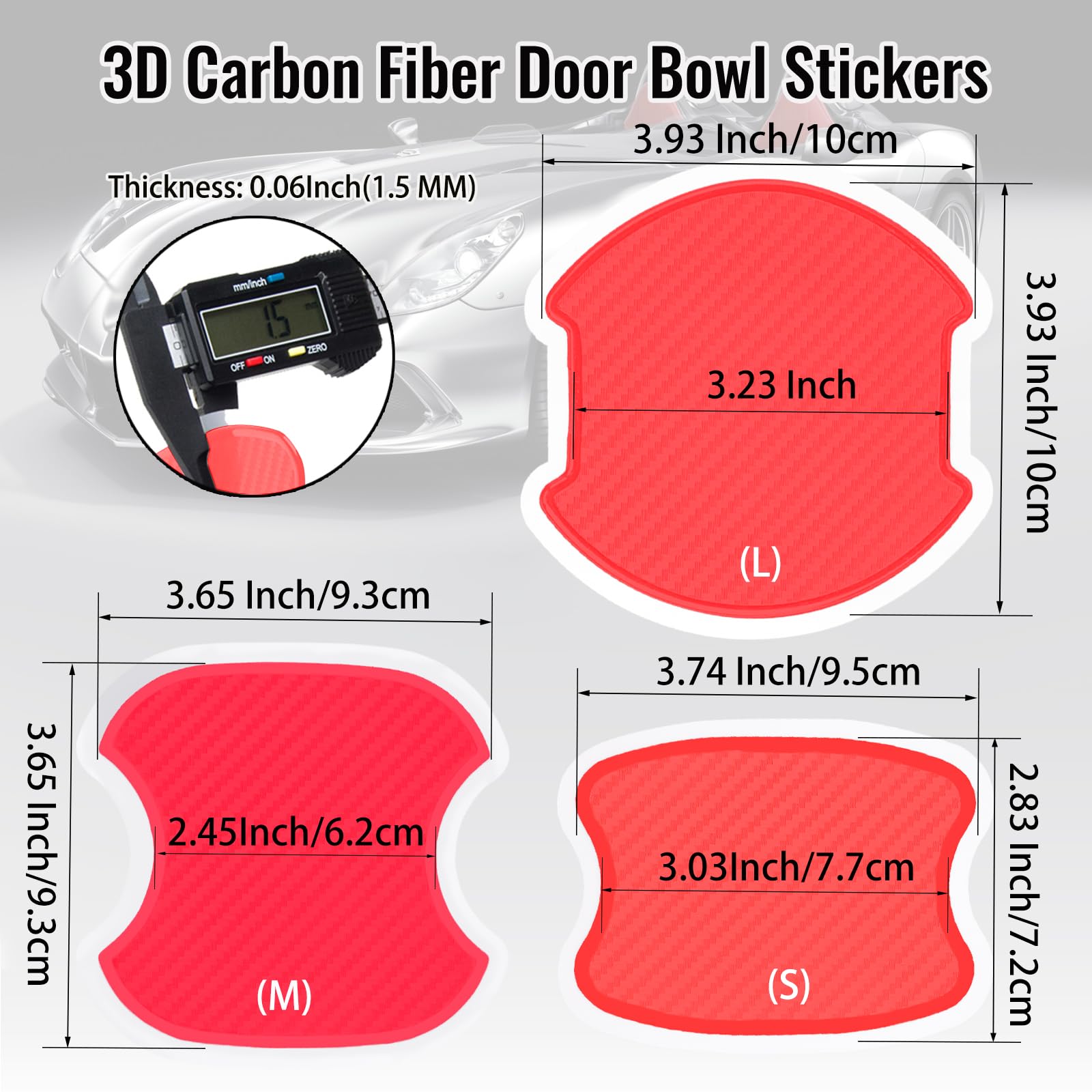 Worcas 4Pcs Universal 3D Carbon Fiber Car Door Handle Paint Scratch Protector Sticker Auto Door Handle Cups Protective Pad(L-Red