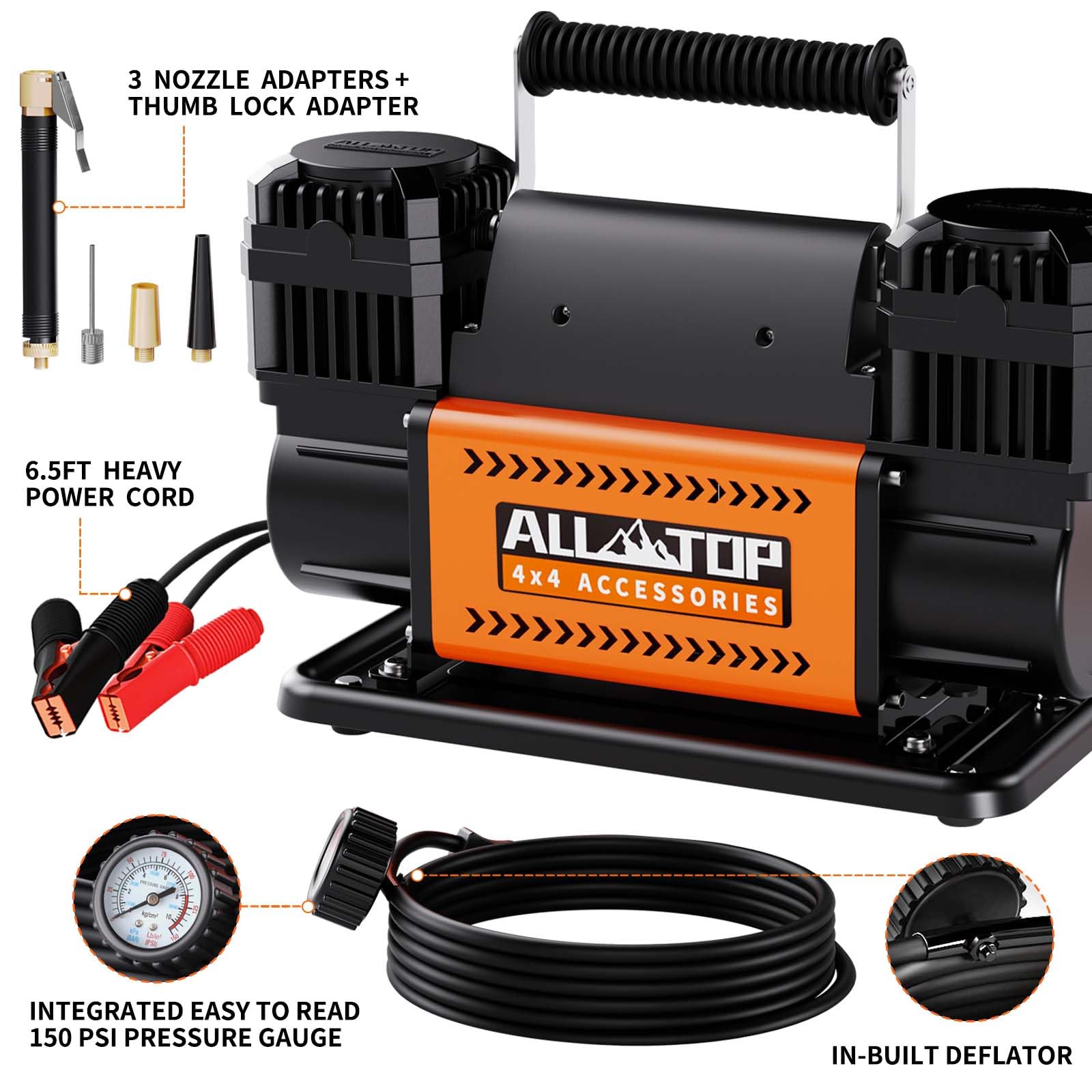 ALL-TOP Air Compressor Kit, Dual Cylinder 12V Inflator, 150 PSI for Truck & RV, Heavy Duty, Model ATACR300, 350 L/Min