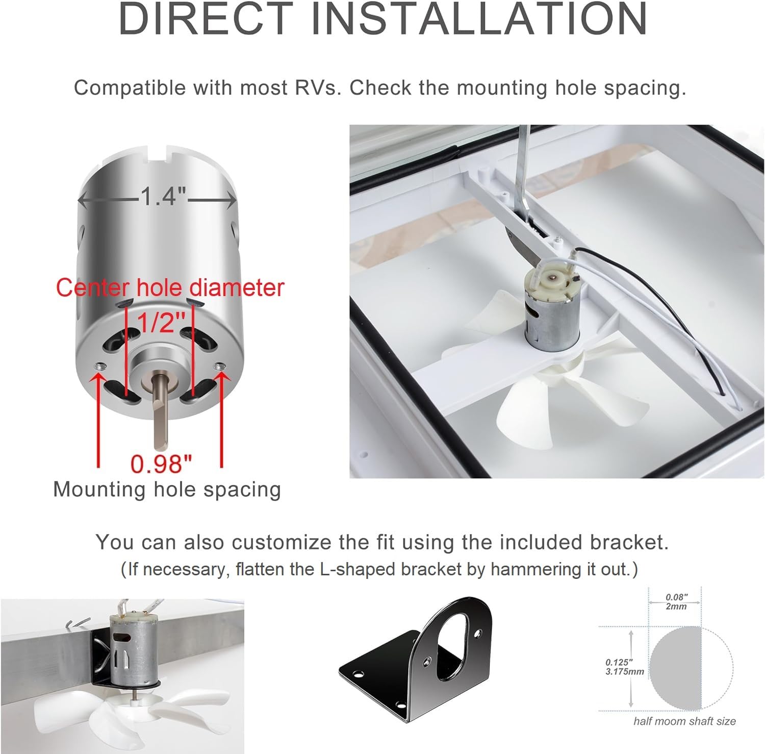 PlusRoc RV Vent Fan 6" Exhaust Fan 12V D-Shaft Motor White Blades Compatible with Heng's Elixir Jensen, 250 CFM