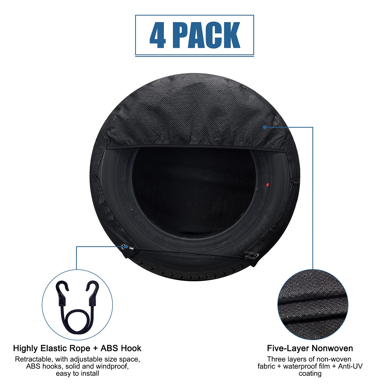 SYERAL Tire Covers Set of 4, 5-Layer Nonwoven Waterproof, Anti-UV for RV, Truck, SUV, Size S (25-27"), Black, Model CE04269BK