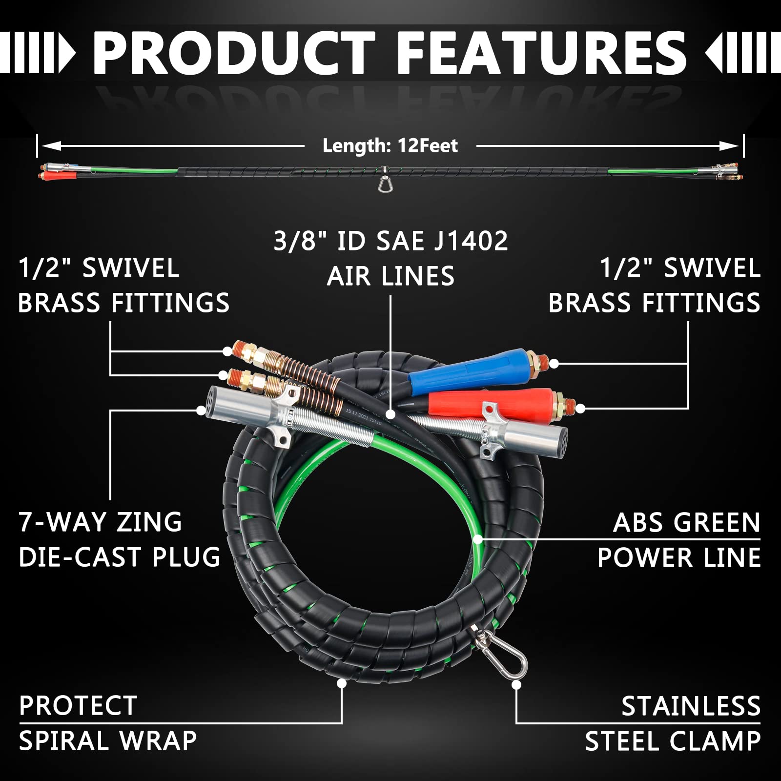 CheeMuii Semi Truck Air Line Kit 12FT 3in1 ABS Hose with Gladhands & Spring for Tractor Trailer