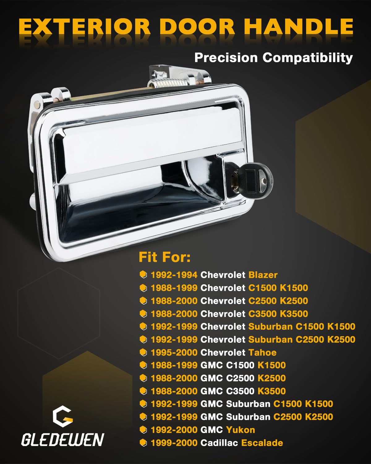 Gledewen Chrome Exterior Door Handles with Lock Cylinders & Keys for 1988-2001 Chevy/GMC K-Series Pickup & SUVs, Front Left & Right