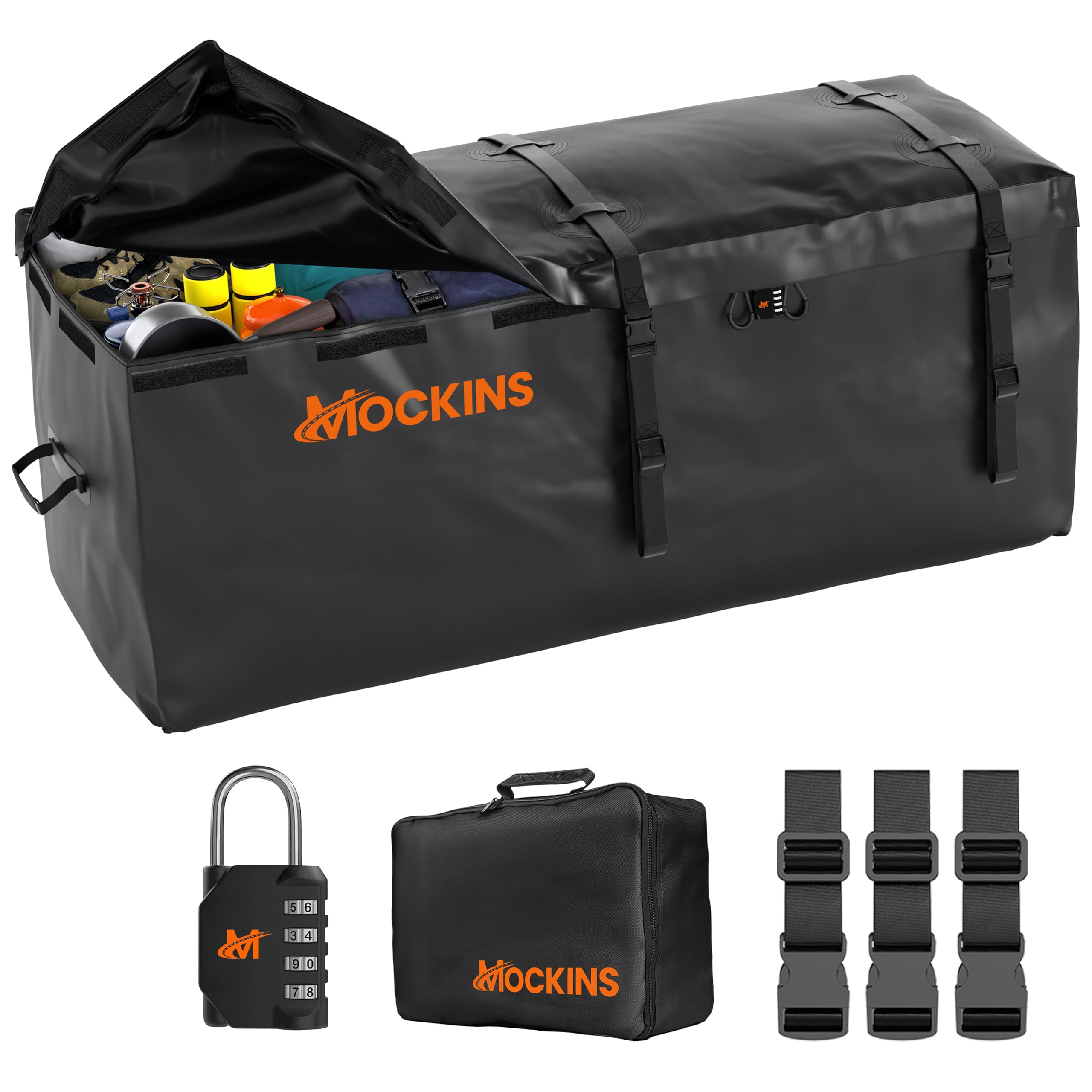 Mockins 16 Cu.Ft. Trailer Hitch Cargo Carrier Bag | 58x20x24 Abrasion-Resistant Vinyl Waterproof Cargo Bag for Hitch Carrier | A