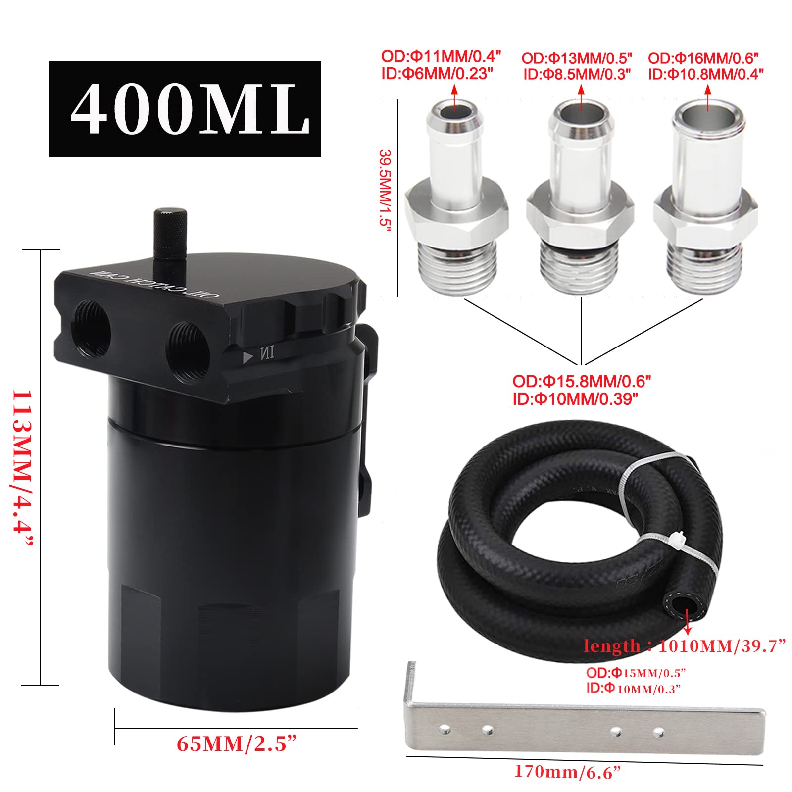PWR FEVER Upgraded Baffled Oil Catch Can Kit Aluminum Reservoir Tank with 3/8'' Strengthened NBR Fuel Line Black 400ml
