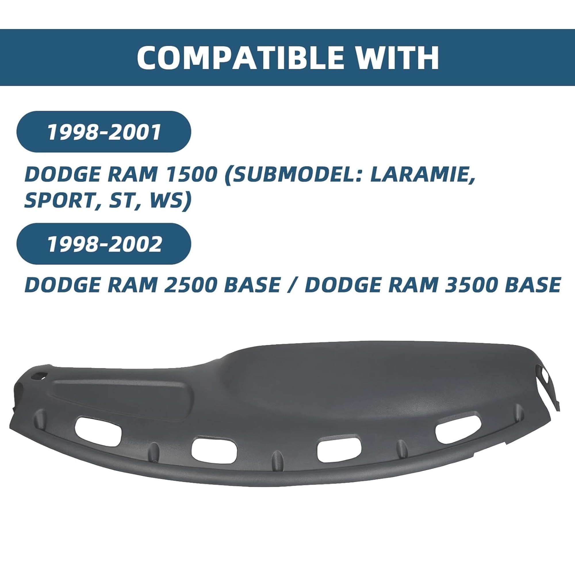 ECOTRIC Dashboard Cover Overlay for 1998-2001 Dodge Ram 1500, 1998-2002 Ram 2500/3500, Gray, Model VC-LYAP-