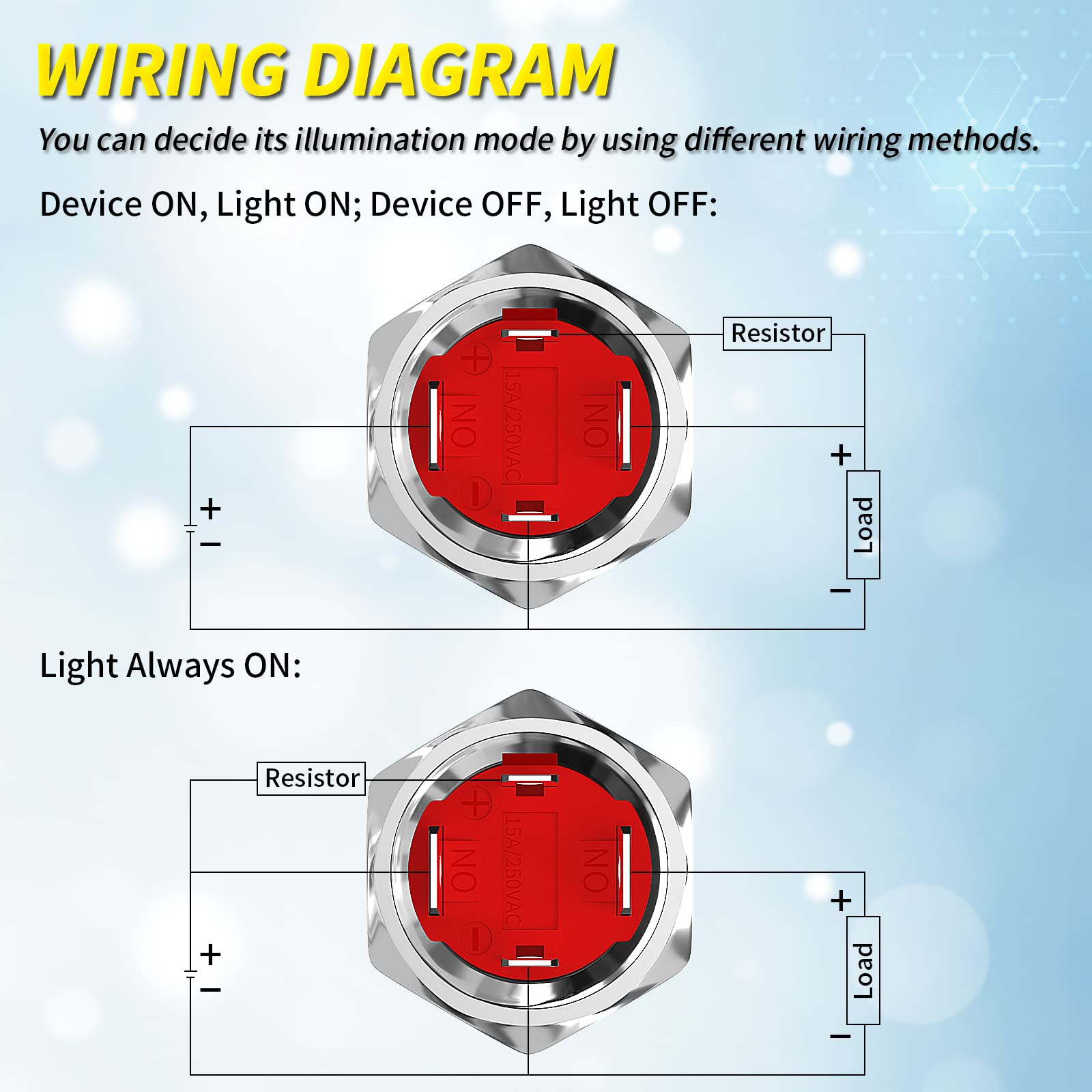 Joinfworld 12V 20A Heavy Duty Waterproof Push Button Switch - Metal Round Switch with Blue LED Ring for Marine, Boat, Car, Truck