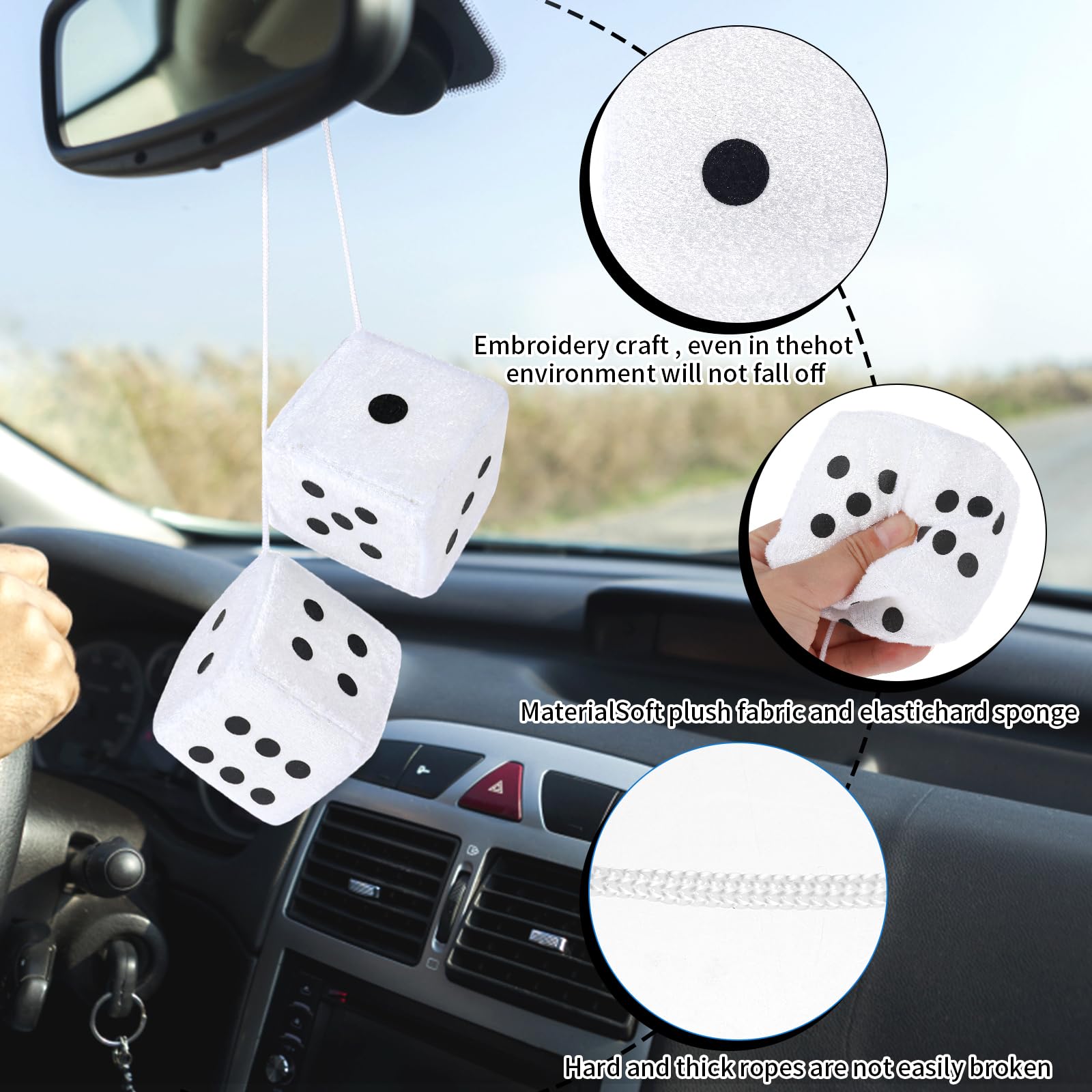 DIVINA VITAE Fuzzy Dice for Car Mirror, 2.75" White Plush Hanging Dice, Retro Square Design