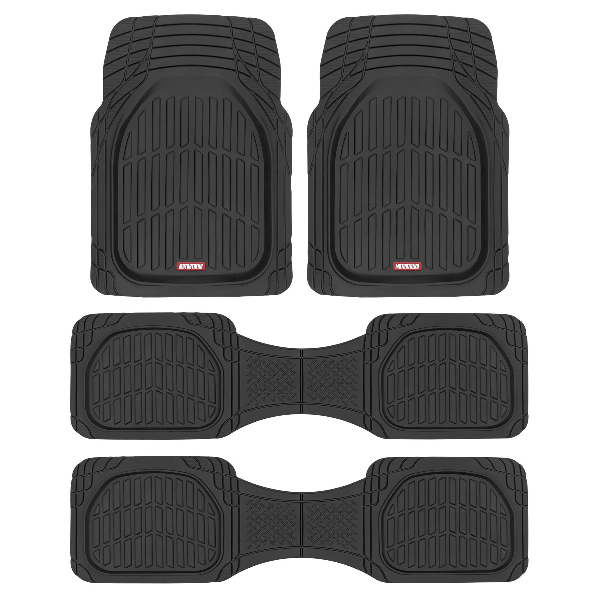 Motor Trend Original FlexTough Black Rubber Car Floor Mats for 3 Row Vehicles, Front & Rear 2nd Row Deep Dish All Weather Automo