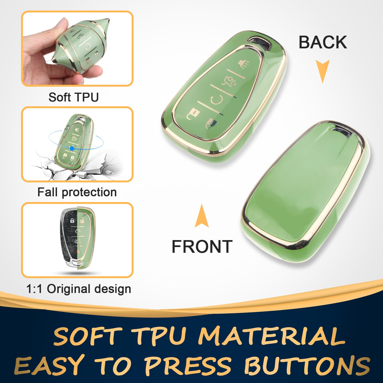 QBUC Key Fob Cover for Chevy, 5-Button Soft TPU Case, Gold/Green Trim, Compatible with 2016-2025 Equinox, Malibu, Camaro, Blazer