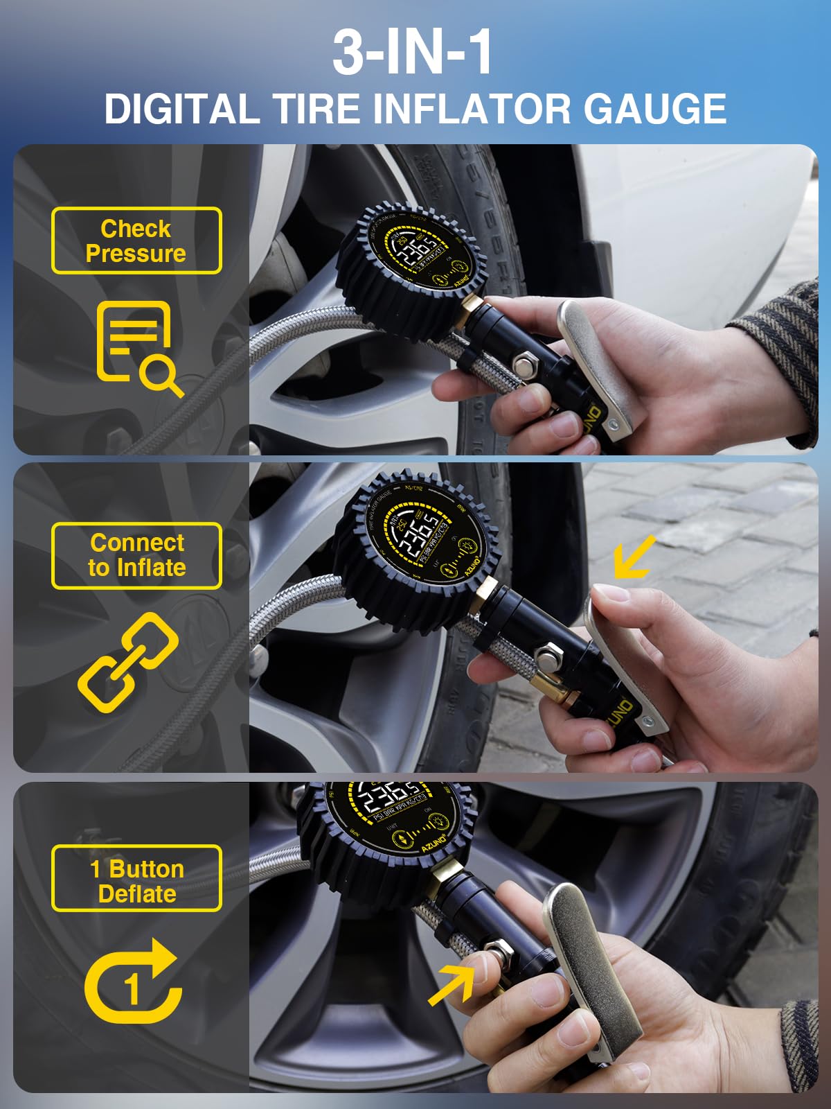 AZUNO Digital Tire Pressure Gauge 255PSI with Steel Braided Hose & Quick Connect Coupler for Trucks, Cars, SUVs, RVs, Bikes