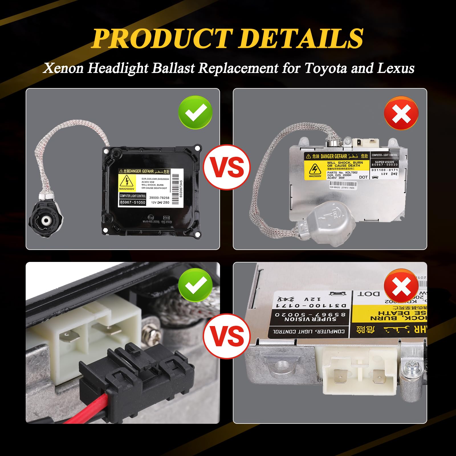 Yikesai Xenon HID Headlight Ballast with Igniter & D4S Bulb Compatible with Lexus & Toyota - OE# KDLT003, DDLT003, 85967-
