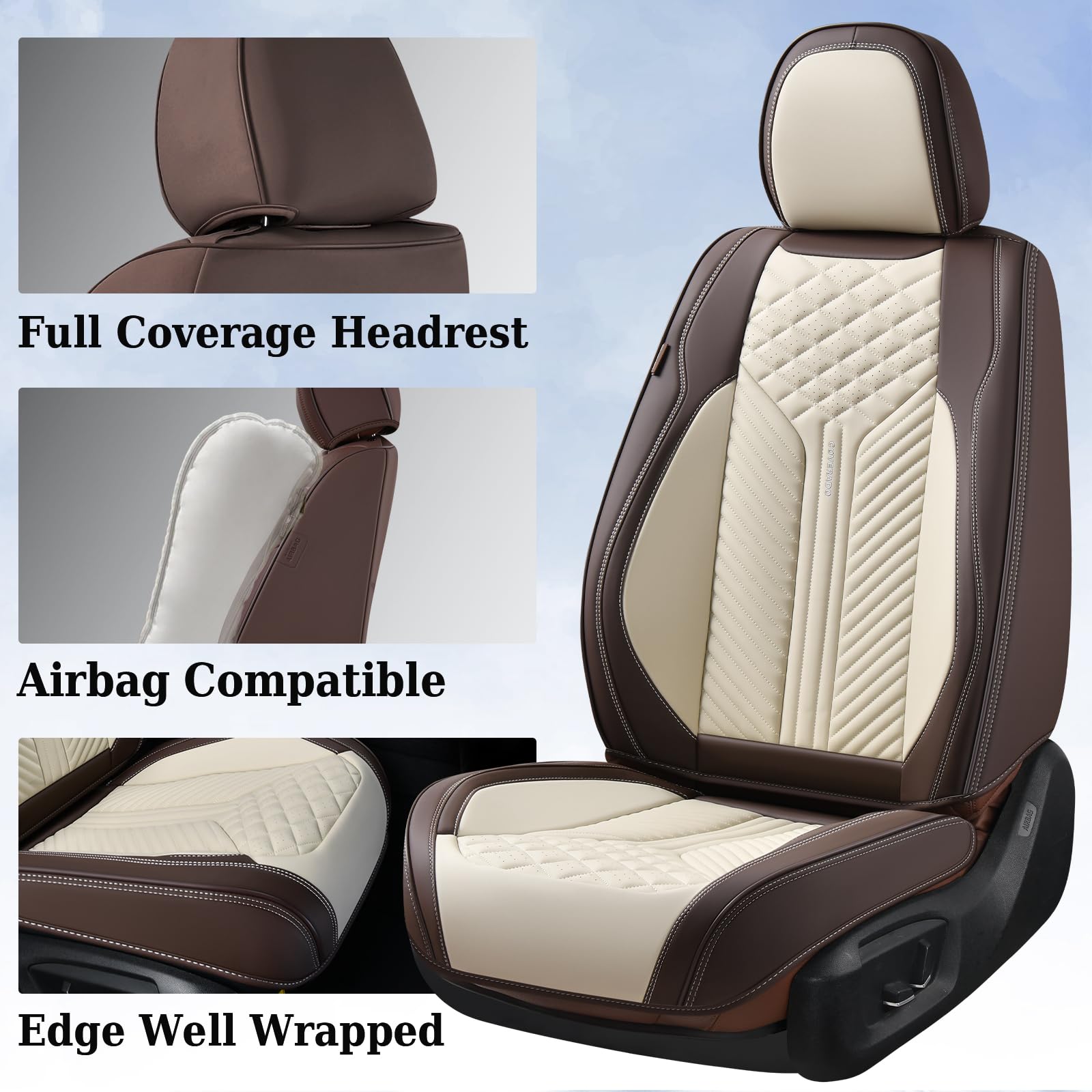 Coverado Leather Car Seat Covers Full Set, 5 Seats Waterproof Faux Leather, Brown & Beige, Universal Fit, Model 8818
