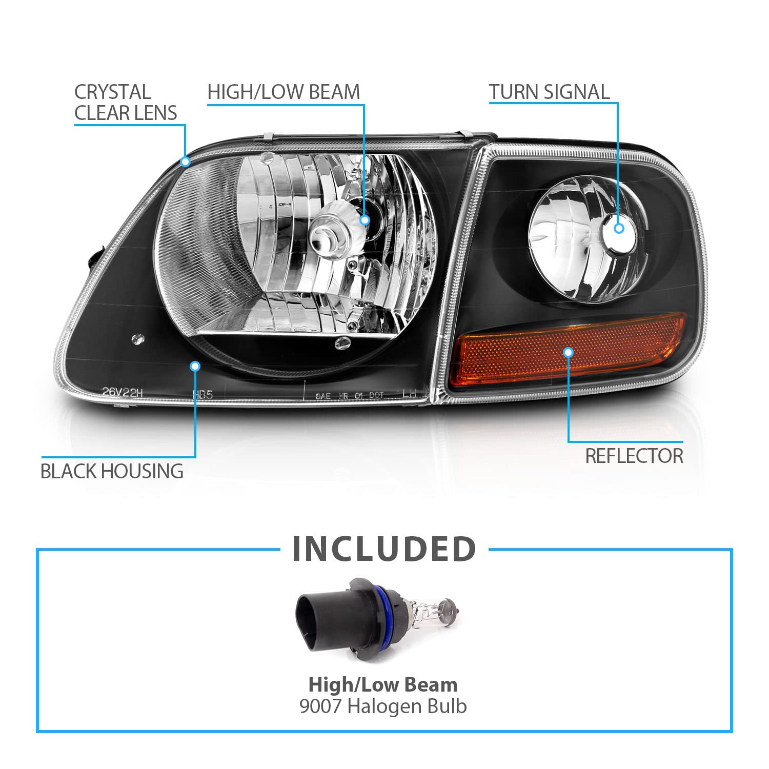 AmeriLite Halogen Headlights & Corner Parking Set for Ford F150 - Black, Crystal, Factory Style, Model 02-AZ-FF97-B-G2-SET-A