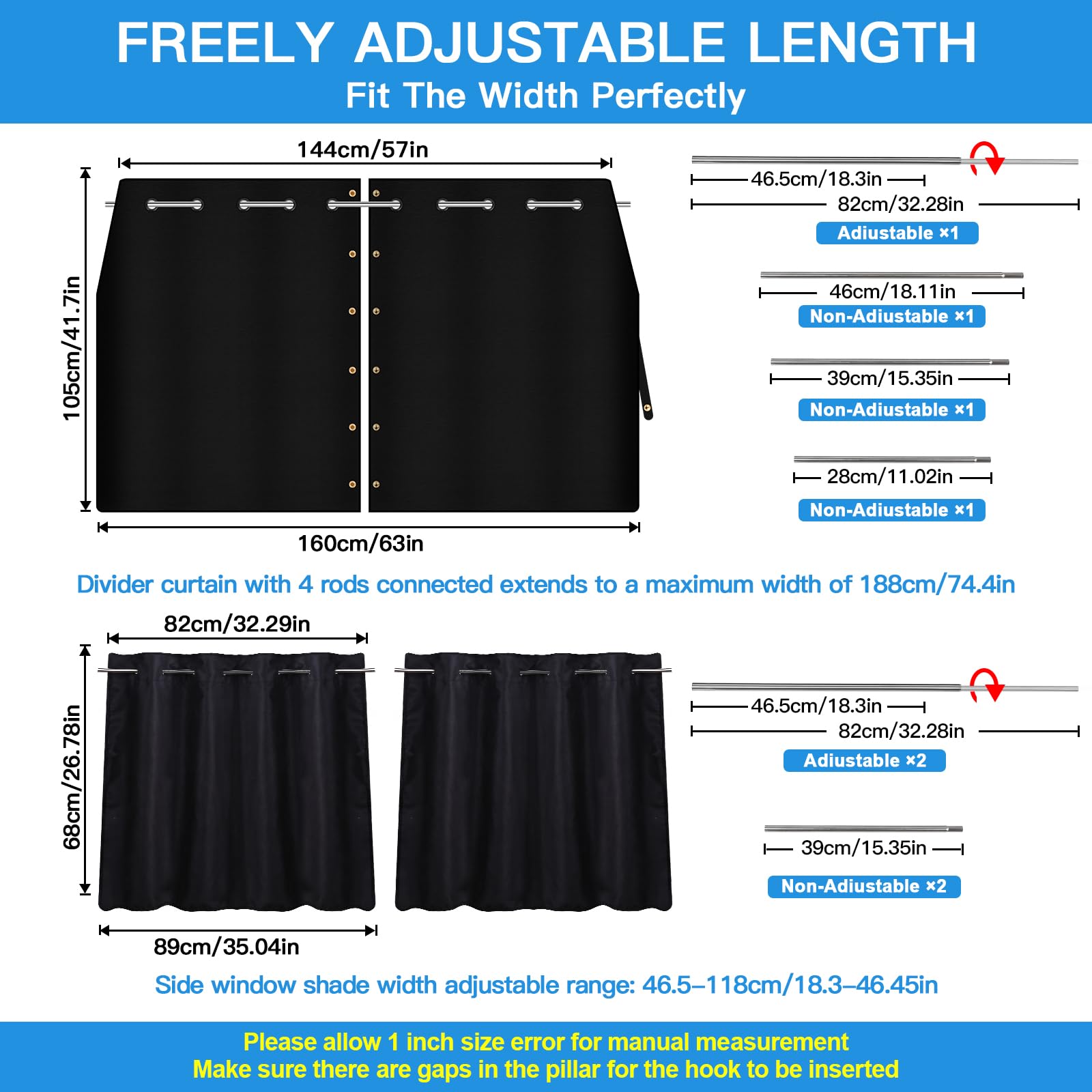 Zatooto Car Window Shades With Rods Set Of 3, Side Window Shade For Back Window & Privacy Blackout Car Divider Curtain Set Opaqu