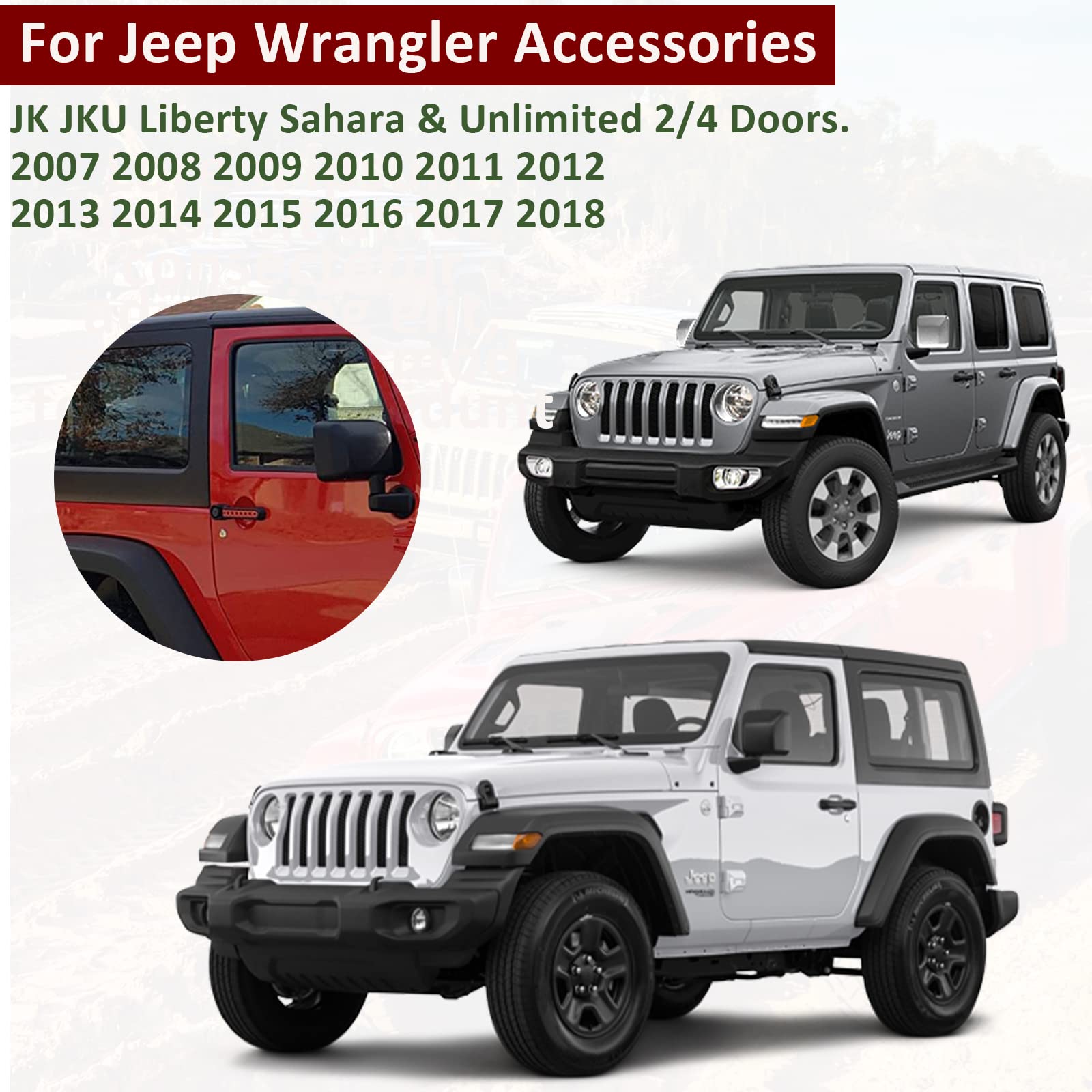 Side Door Handle Covers+Push Button Knobs Covers Parts Trim Fits For Jeep Wrangler Accessories Jk Jku Sahara Unlimited 2007-2018 Exterior Grab Handles Pull Jk Mods Decoration (Aluminum Black, 10 Pcs)