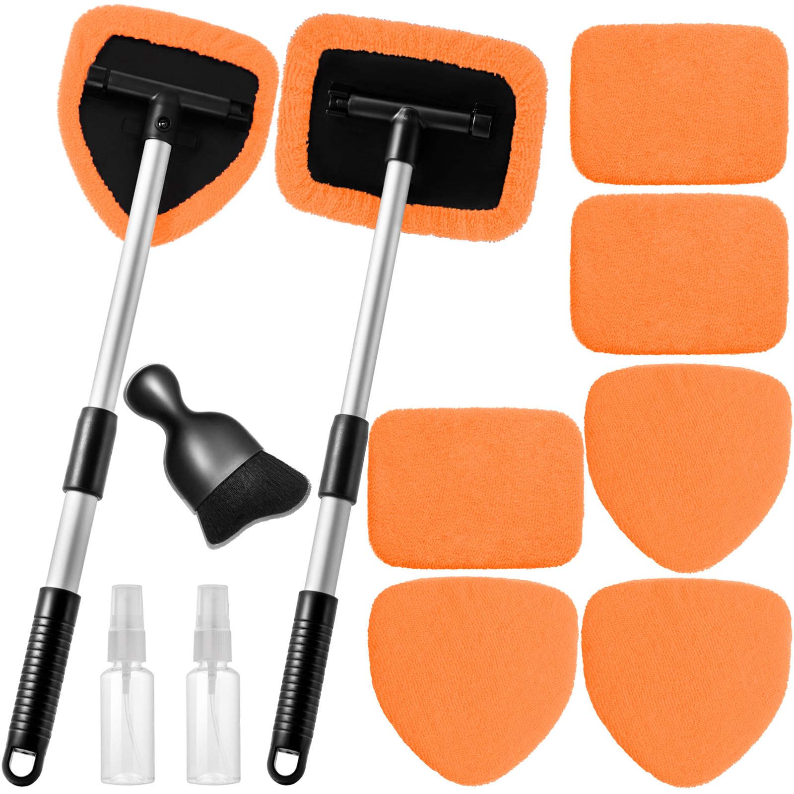 Qydipclin 11pcs Windshield Cleaner Tool, Car Window Cleaning Wash Kit with 6 Reusable Microfiber Pads 2 Spray Bottles and Extend