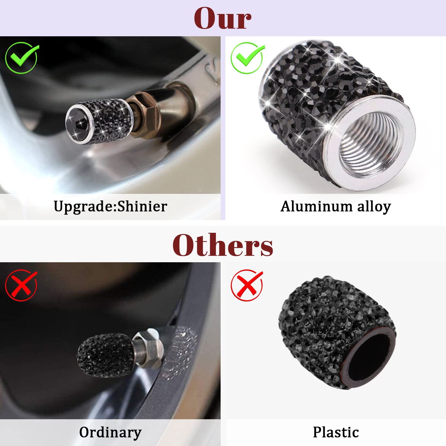 ToBeQueen Bling Tire Valve Covers - Handmade Crystal Rhinestone, Black, 4 Pack, Universal Dustproof Car Accessories for SUV/Motorcycle/Bike