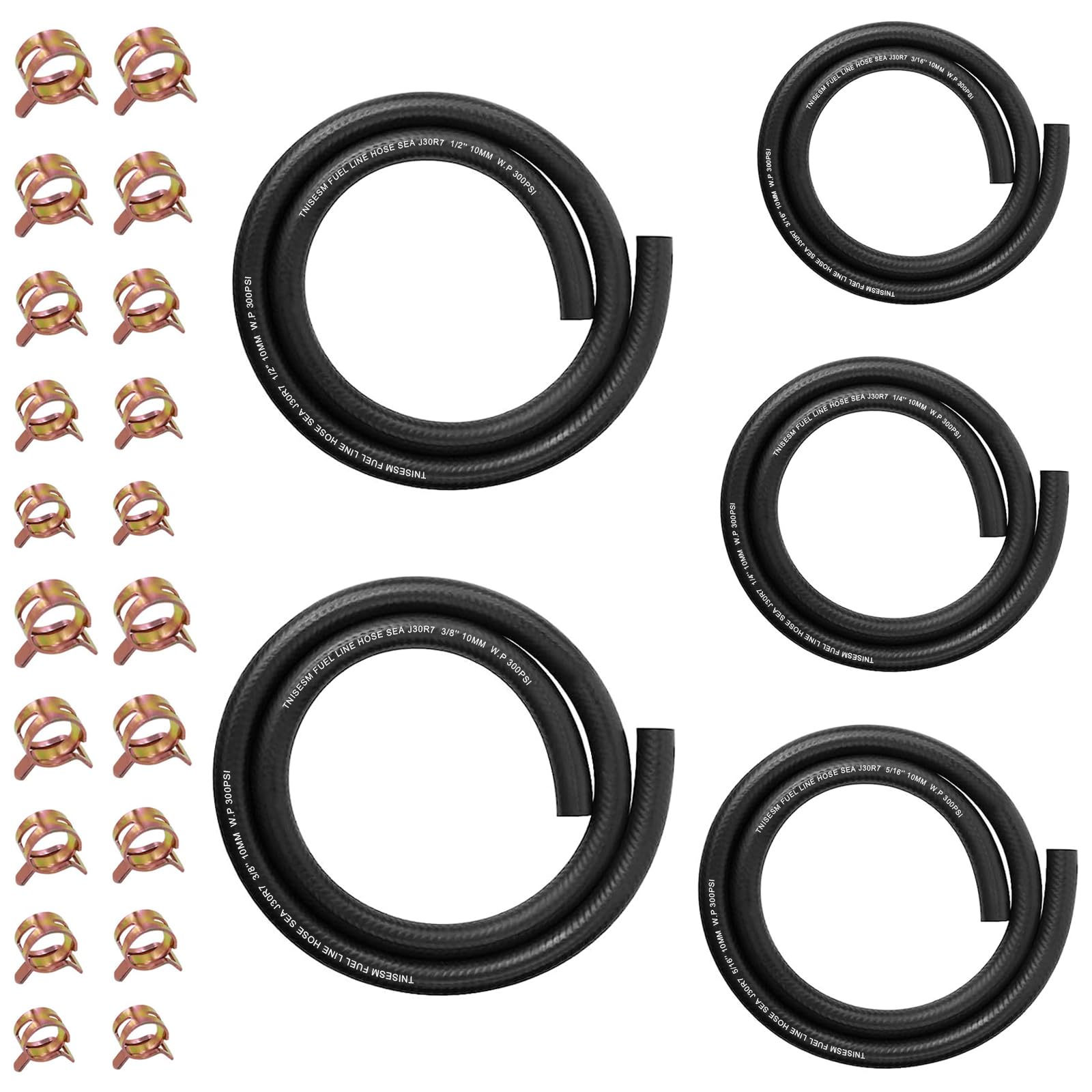 Tnisesm 5 Size Fuel Line Hose - 3/8'' 1/2'' 5/16'' 1/4'' 3/16'' ID NBR Rubber 3.3ft with 20Pcs Clamps for Small Engines Kawasaki
