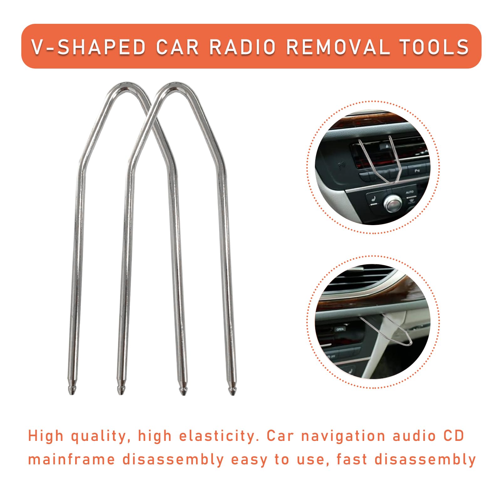 Dickno Car Radio Removal Pry Tool Kit - 2 PCS V-Shaped Stainless Steel Universal Stereo Remover for Vehicle Audio Disassembly