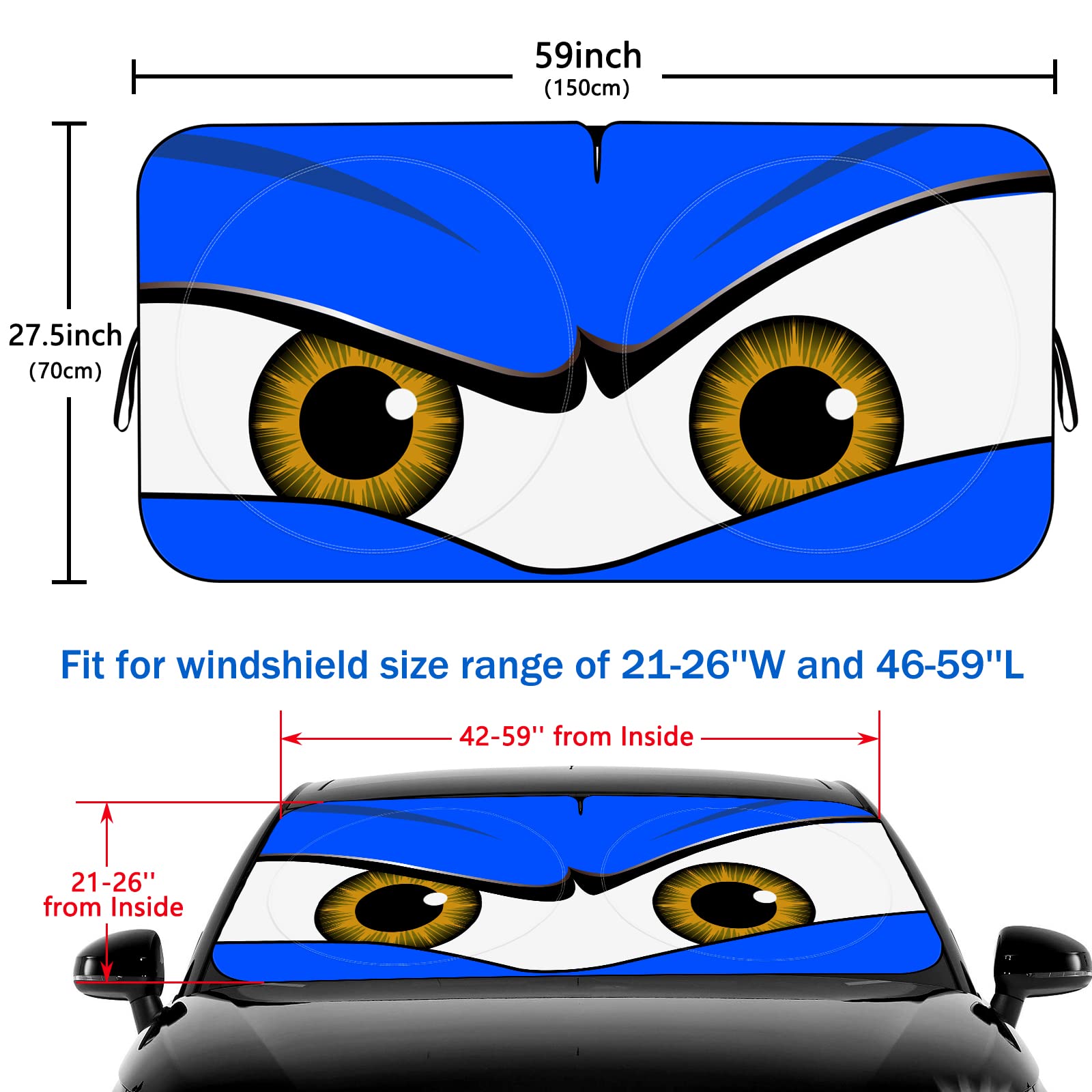 Car Windshield Sun Shade, Car Sun Shade Funny Car Eyes Sun Visor For Car Windshield, Wear-Resistant Black Tape, Foldable 59X27.5