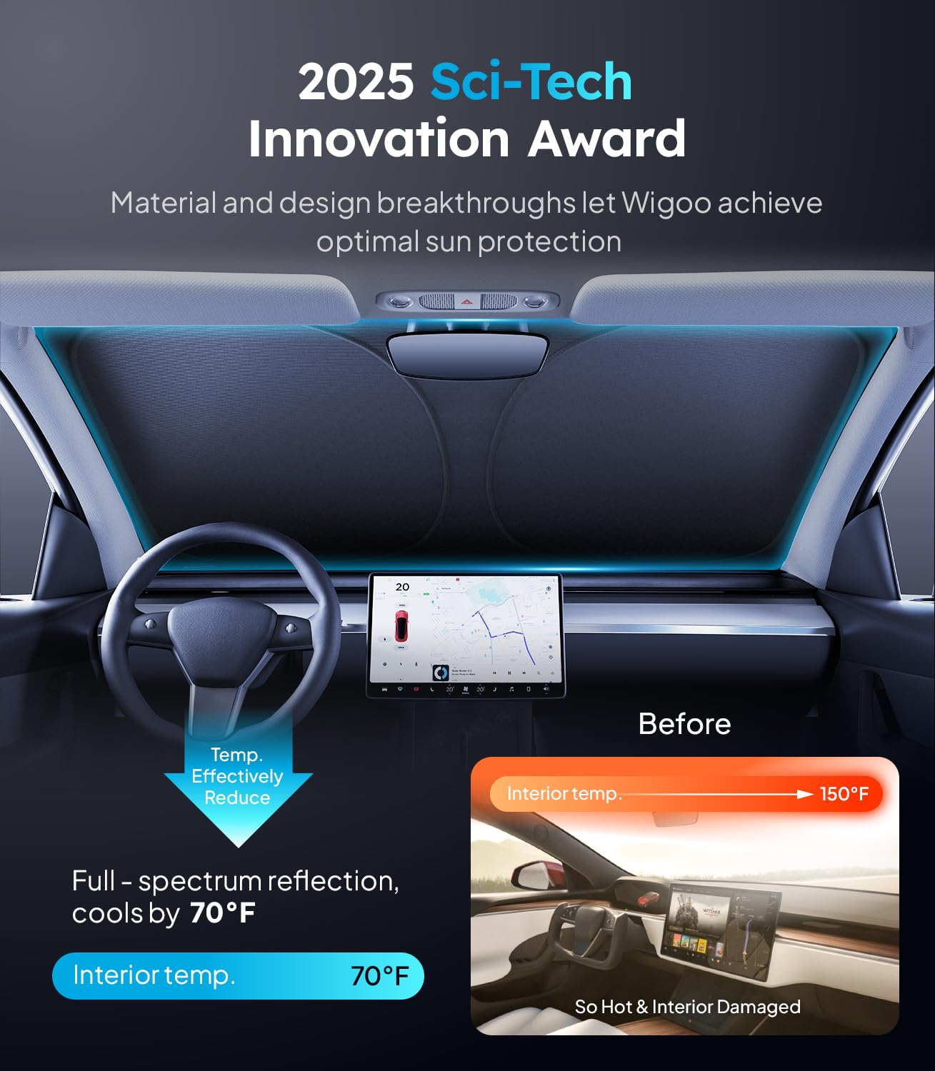 Wigoo Windshield Sunshade for Tesla Model Y (2016-2026) - 100% Sun Blockage, 5-Layer Silver Coating, Foldable with Storage Bag, Black