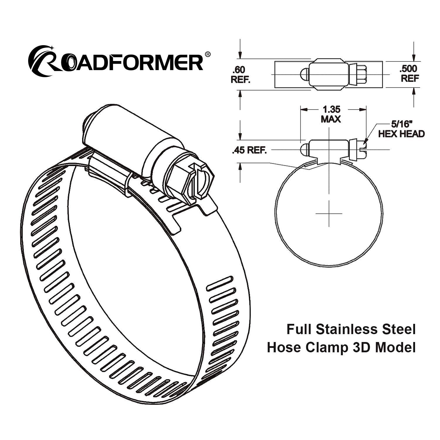 Roadformer 1.25'' Worm Gear Hose Clamp - Sae 20 Size, Full Stainless Steel With 1/2'' Band Width, Working Range 21Mm - 44Mm Hose