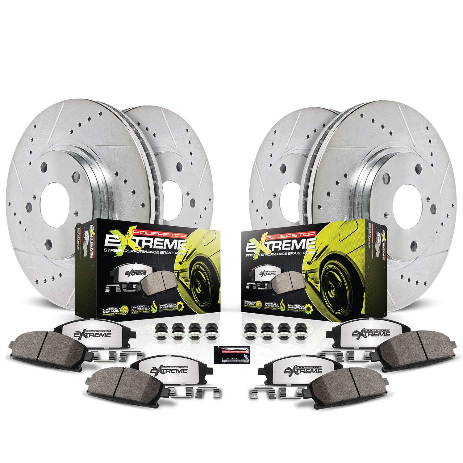 Power Stop K4023-26 - 360mm Front and 350mm Rear Drilled and Slotted Brake Rotors with Z26 Carbon Fiber Brake Pads Brake Kit For
